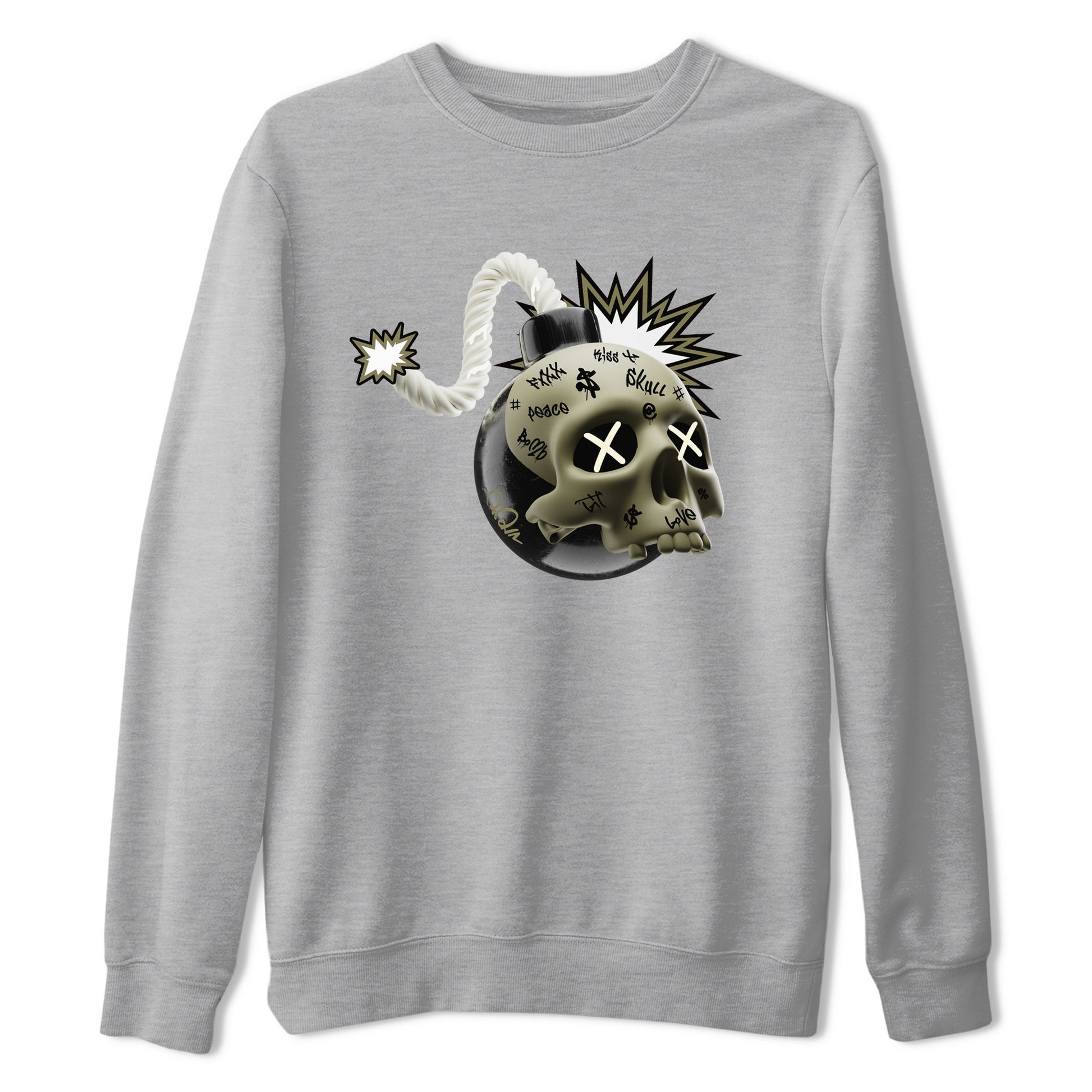 Air Jordan 4 Medium Olive shirt to match jordans Skull Bomb sneaker tees AJ4Medium Olive SNRT Sneaker Release Tees Unisex Heather Grey 2 T-Shirt
