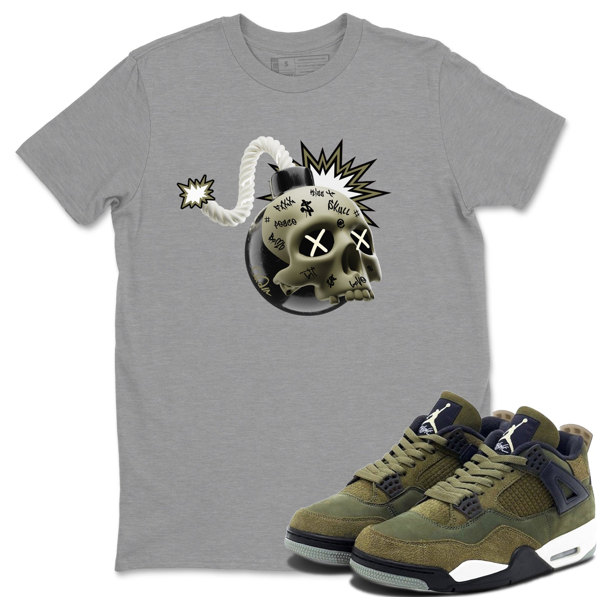 Air Jordan 4 Medium Olive shirt to match jordans Skull Bomb sneaker tees AJ4Medium Olive SNRT Sneaker Release Tees Unisex Heather Grey 1 T-Shirt