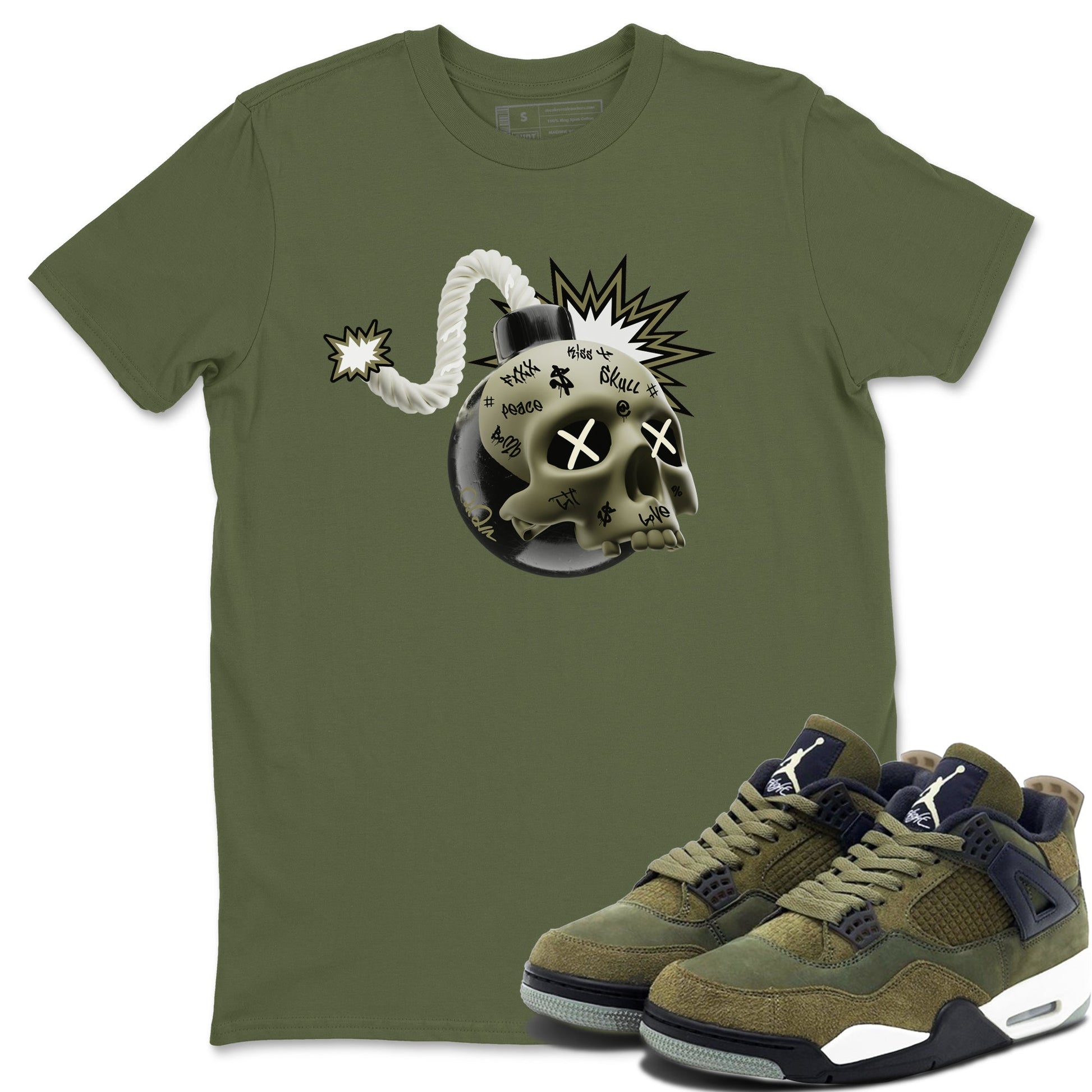 Air Jordan 4 Medium Olive shirt to match jordans Skull Bomb sneaker tees AJ4Medium Olive SNRT Sneaker Release Tees Unisex Military Green 1 T-Shirt