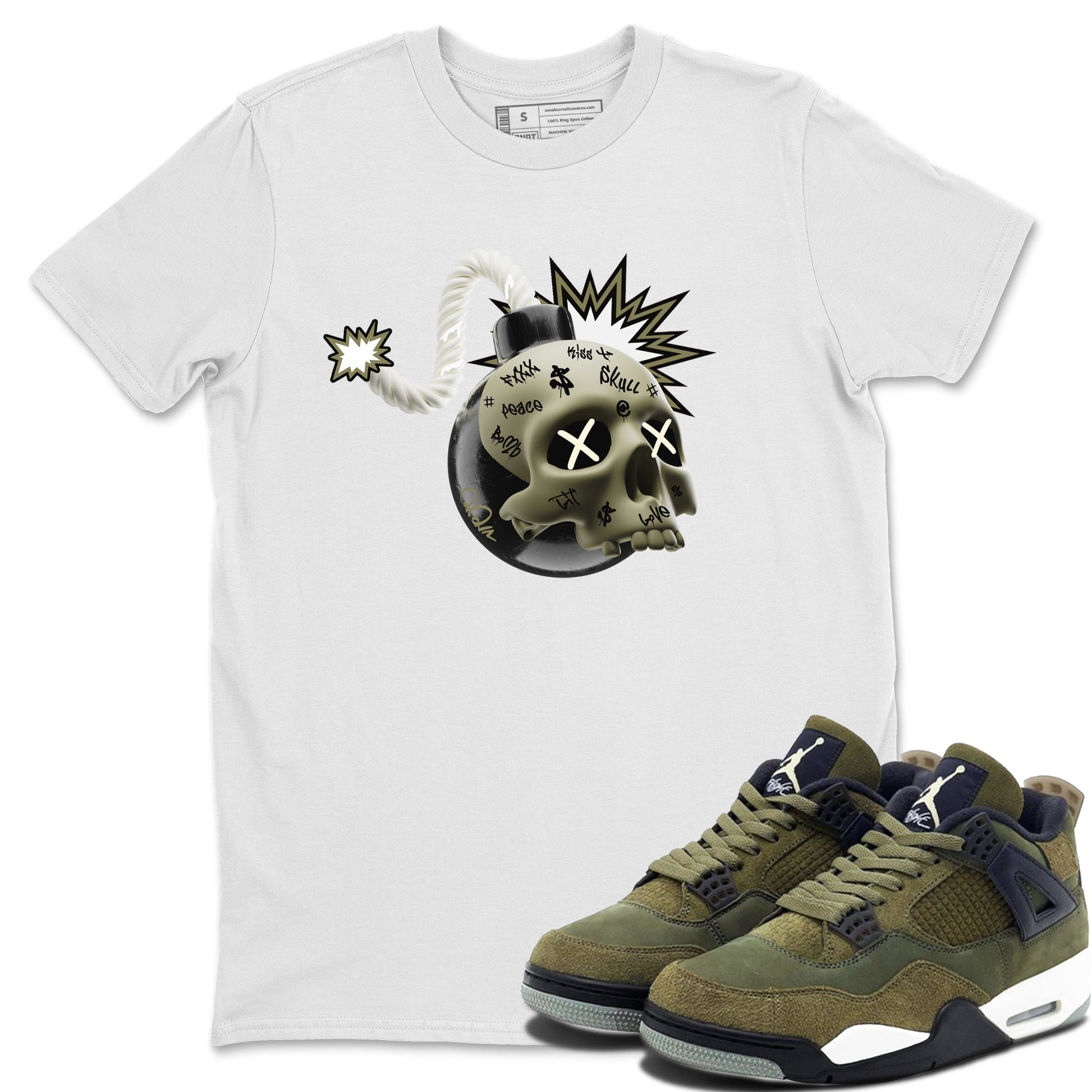 Air Jordan 4 Medium Olive shirt to match jordans Skull Bomb sneaker tees AJ4Medium Olive SNRT Sneaker Release Tees Unisex White 1 T-Shirt