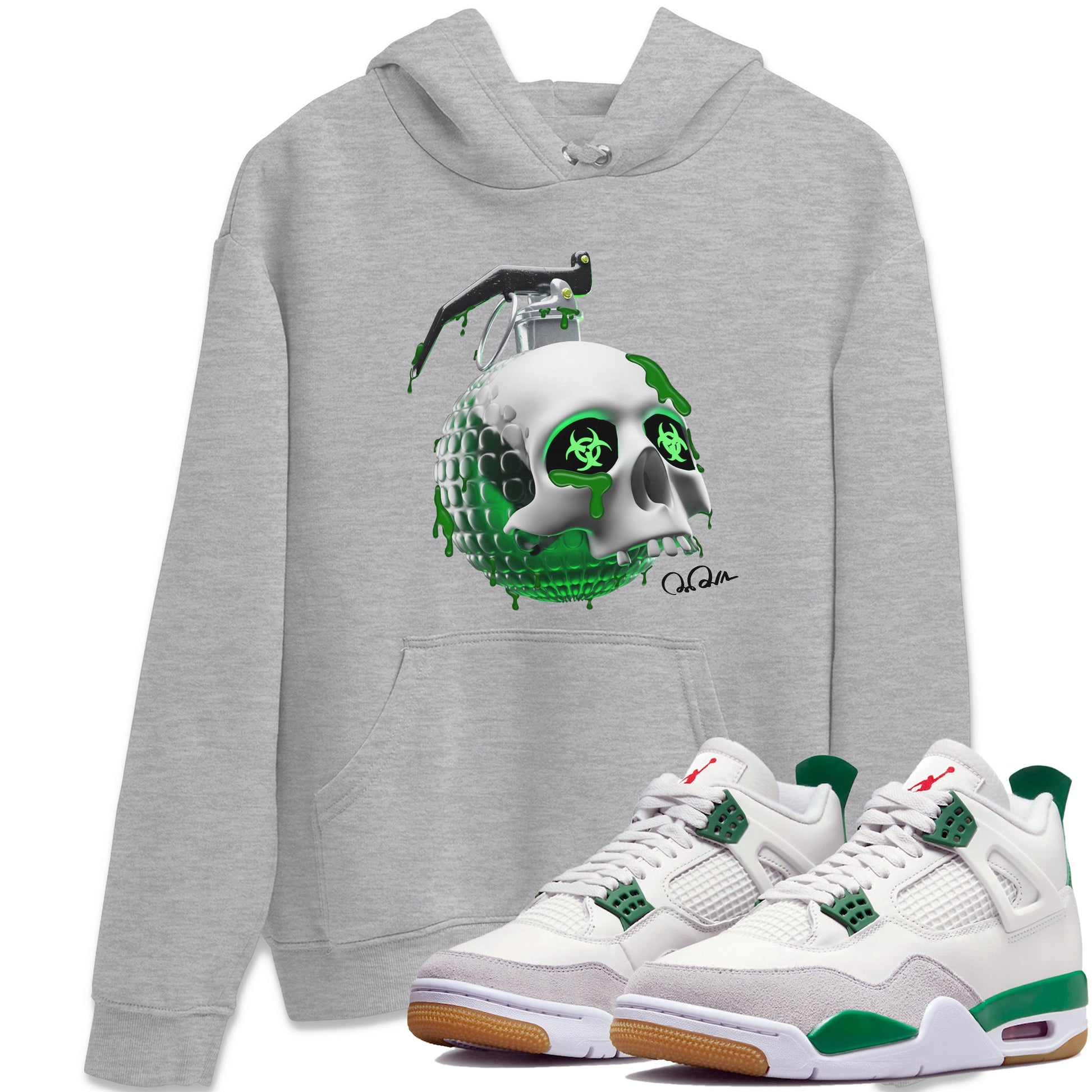 Air Jordan 4 Pine Green Sneaker Match Tees Skull Bomb Sneaker Tees AJ4 Pine Green Sneaker Release Tees Unisex Shirts Heather Grey 1