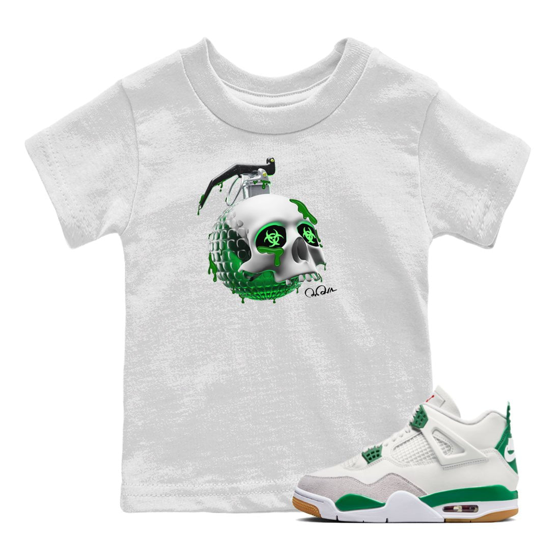 Jordan 4 Pine Green SB Sneaker Match Tees Skull Bomb Sneaker Tees AJ4 Pine Green SB Sneaker Tees Sneaker Release Shirts Kids Shirts White 1