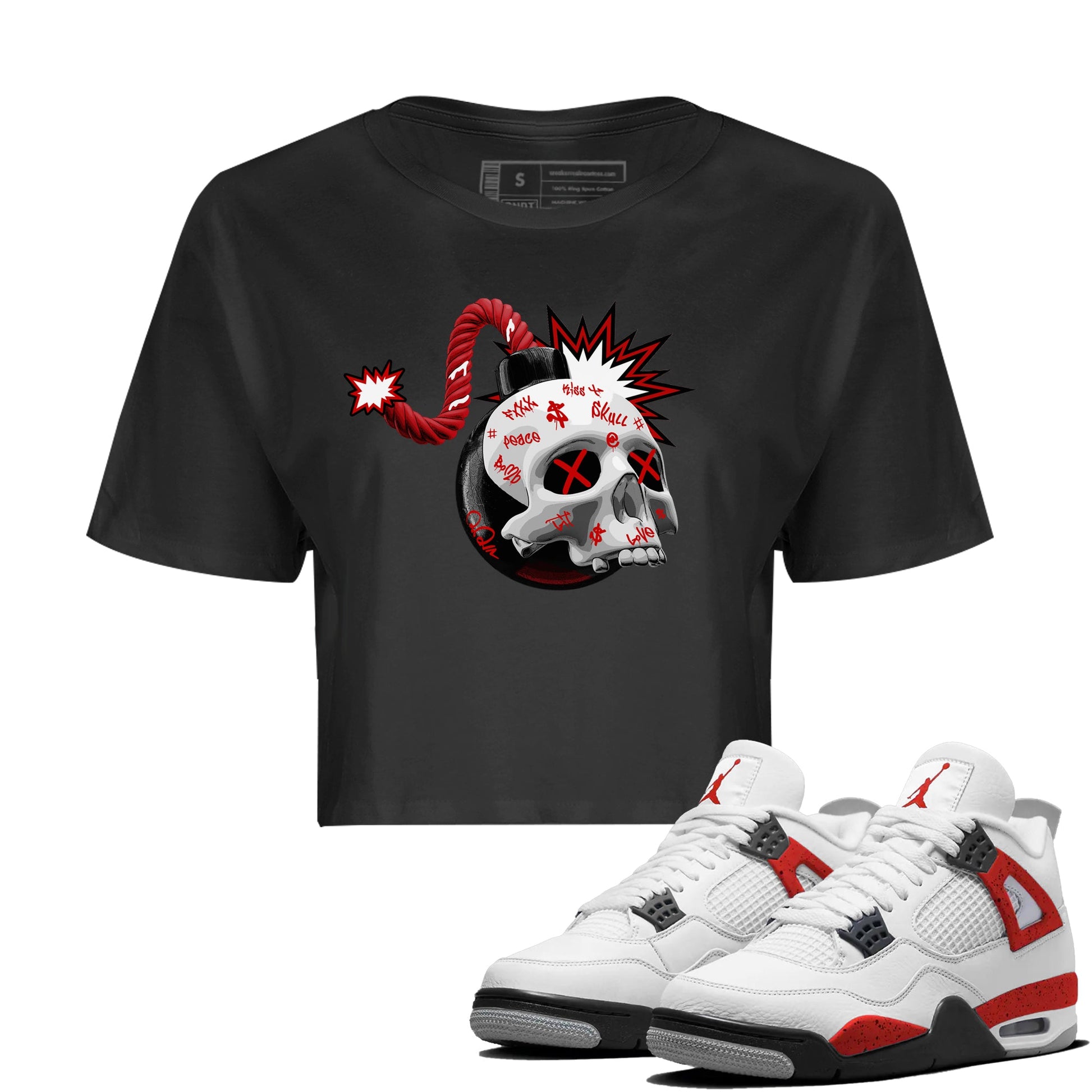 Air Jordan 4 Red Cement Sneaker Match Tees Skull Bomb Sneaker Tees AJ4 Retro OG Red Cement Sneaker Release Tees Women's Shirts Black 1