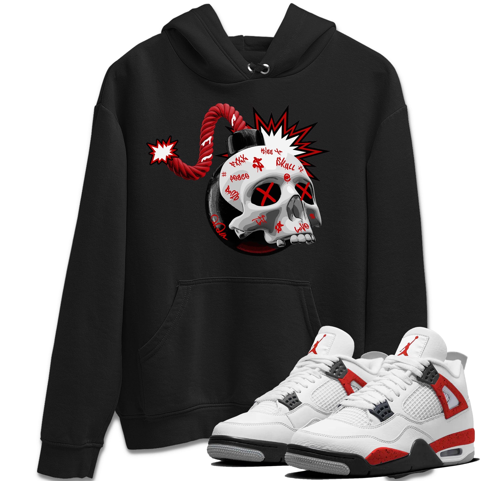 Air Jordan 4 Red Cement Sneaker Match Tees Skull Bomb Sneaker Tees AJ4 Retro OG Red Cement Sneaker Release Tees Unisex Shirts Black 1