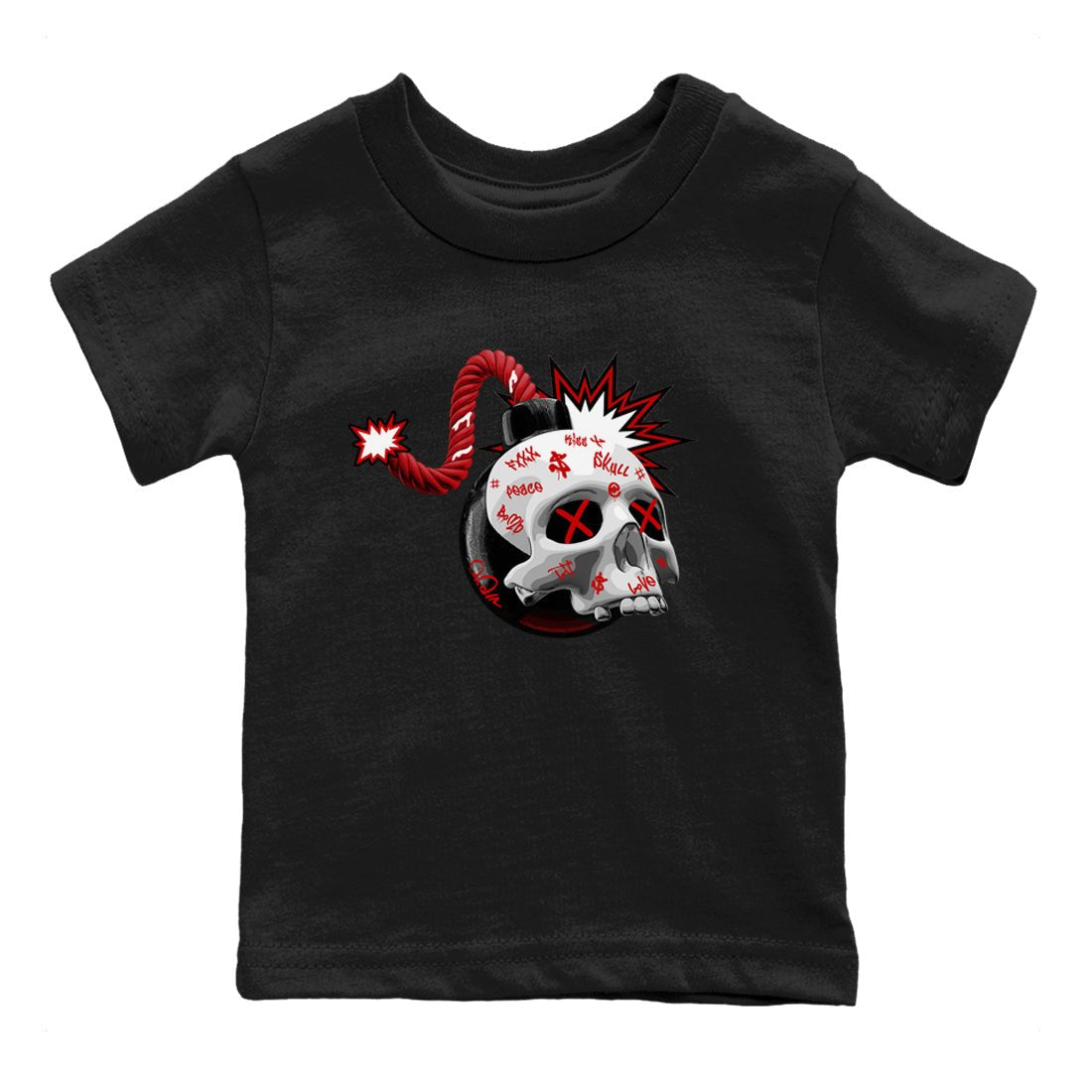 Air Jordan 4 Red Cement Sneaker Match Tees Skull Bomb Sneaker Tees AJ4 Retro OG Red Cement Sneaker Release Tees Kids Shirts Black 2