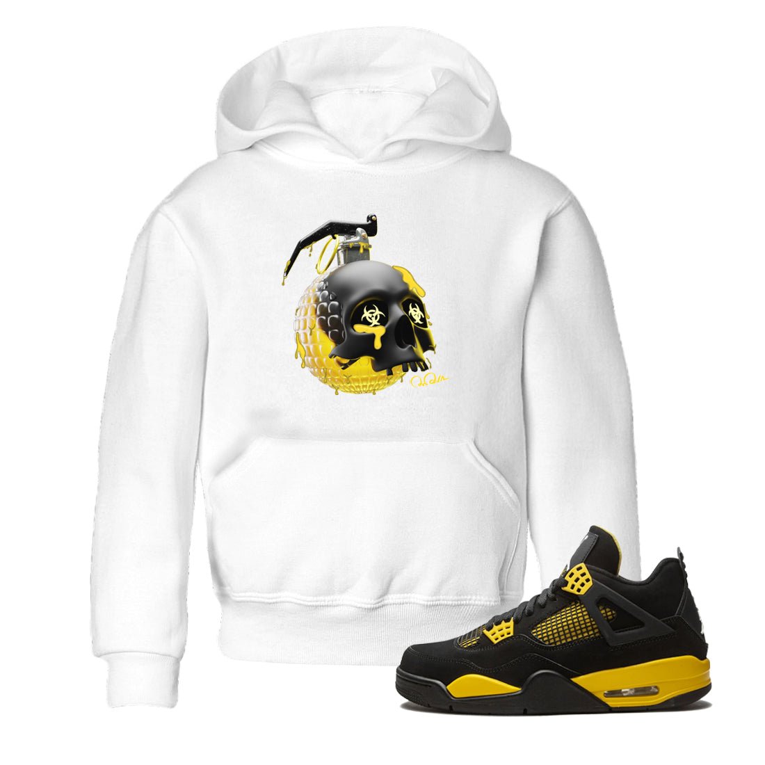 Air Jordan 4 Thunder Sneaker Match Tees Skull Bomb Sneaker Tees AJ4 Thunder Jumpman Sneaker Release Tees Kids Shirts White 1