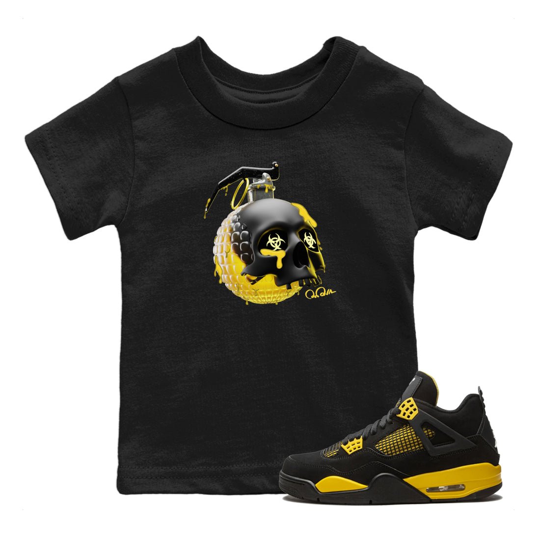 Air Jordan 4 Thunder Sneaker Match Tees Skull Bomb Sneaker Tees AJ4 Thunder Jumpman Sneaker Release Tees Kids Shirts Black 1