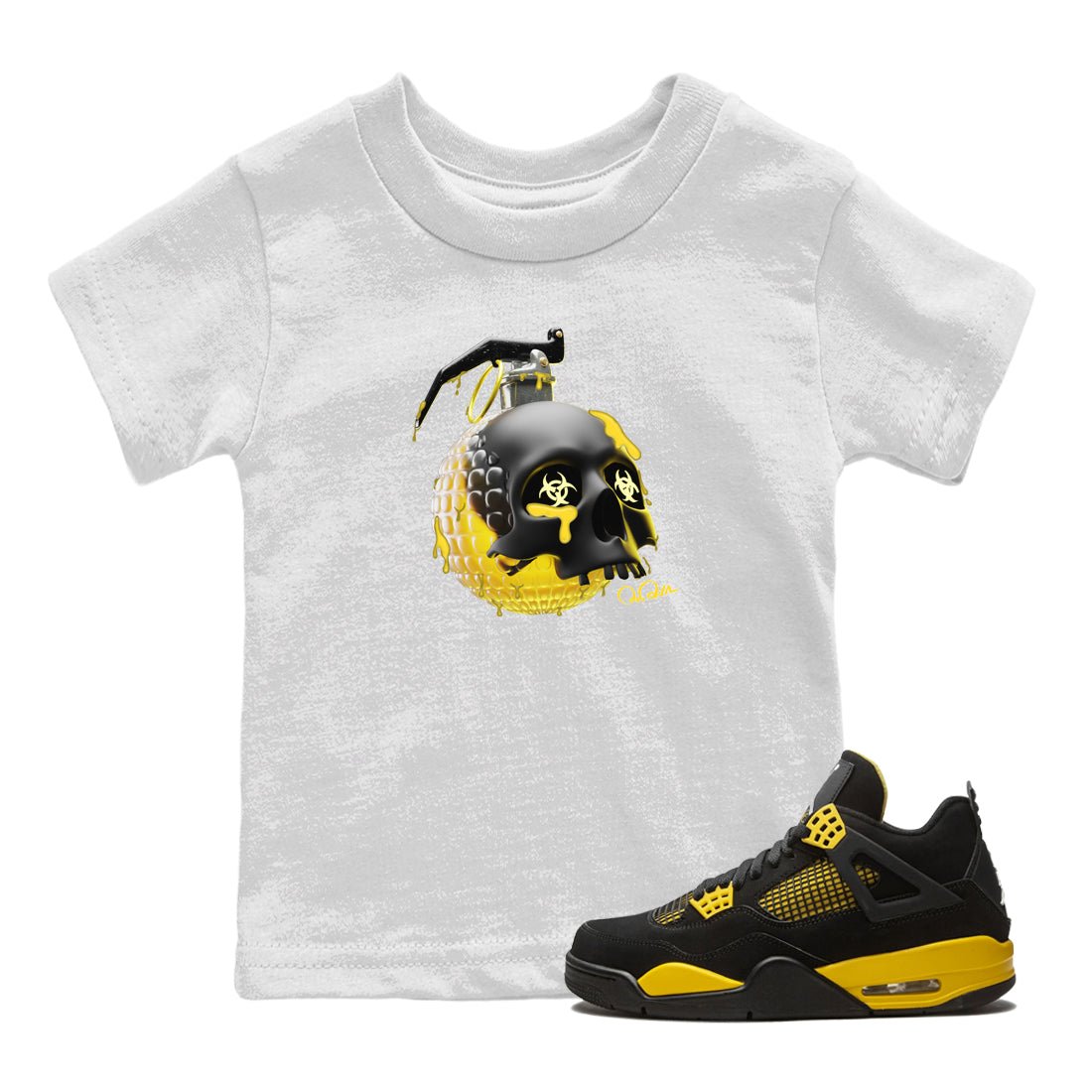Air Jordan 4 Thunder Sneaker Match Tees Skull Bomb Sneaker Tees AJ4 Thunder Jumpman Sneaker Release Tees Kids Shirts White 1