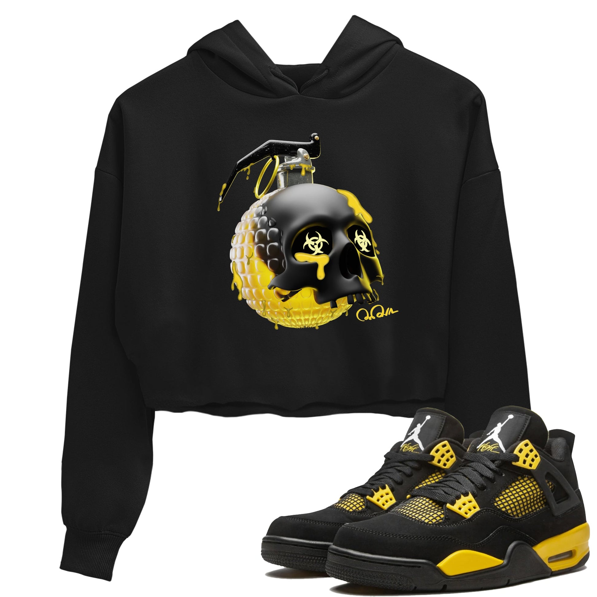 Air Jordan 4 Thunder Sneaker Match Tees Skull Bomb Sneaker Tees AJ4 Thunder Jumpman Sneaker Release Tees Women's Shirts Black 1