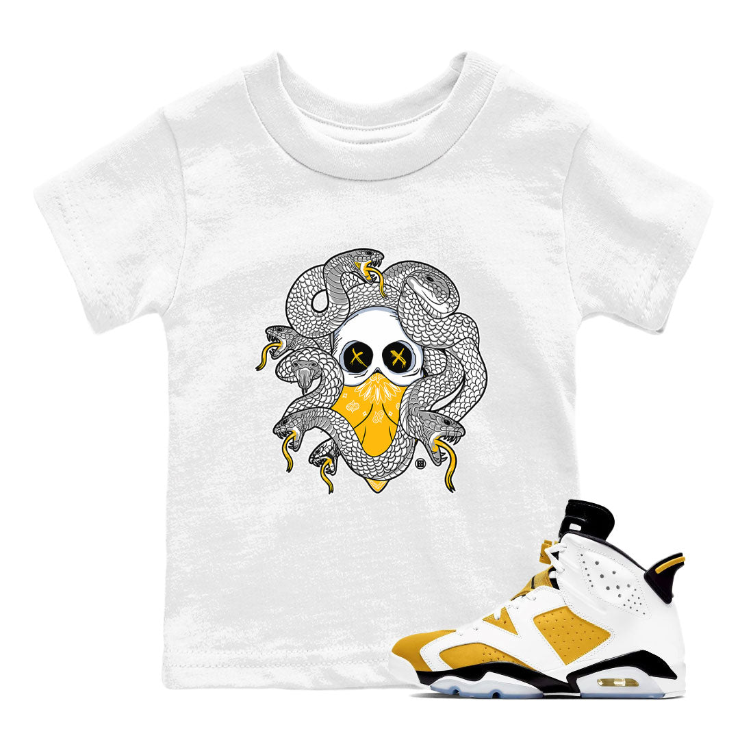 Air Jordan 6 Yellow Ochre shirt to match jordans Skull Medusa sneaker tees 6s Yellow Ochre SNRT Sneaker Tees Casual Crew Neck T-Shirt Baby Toddler White 1 T-Shirt