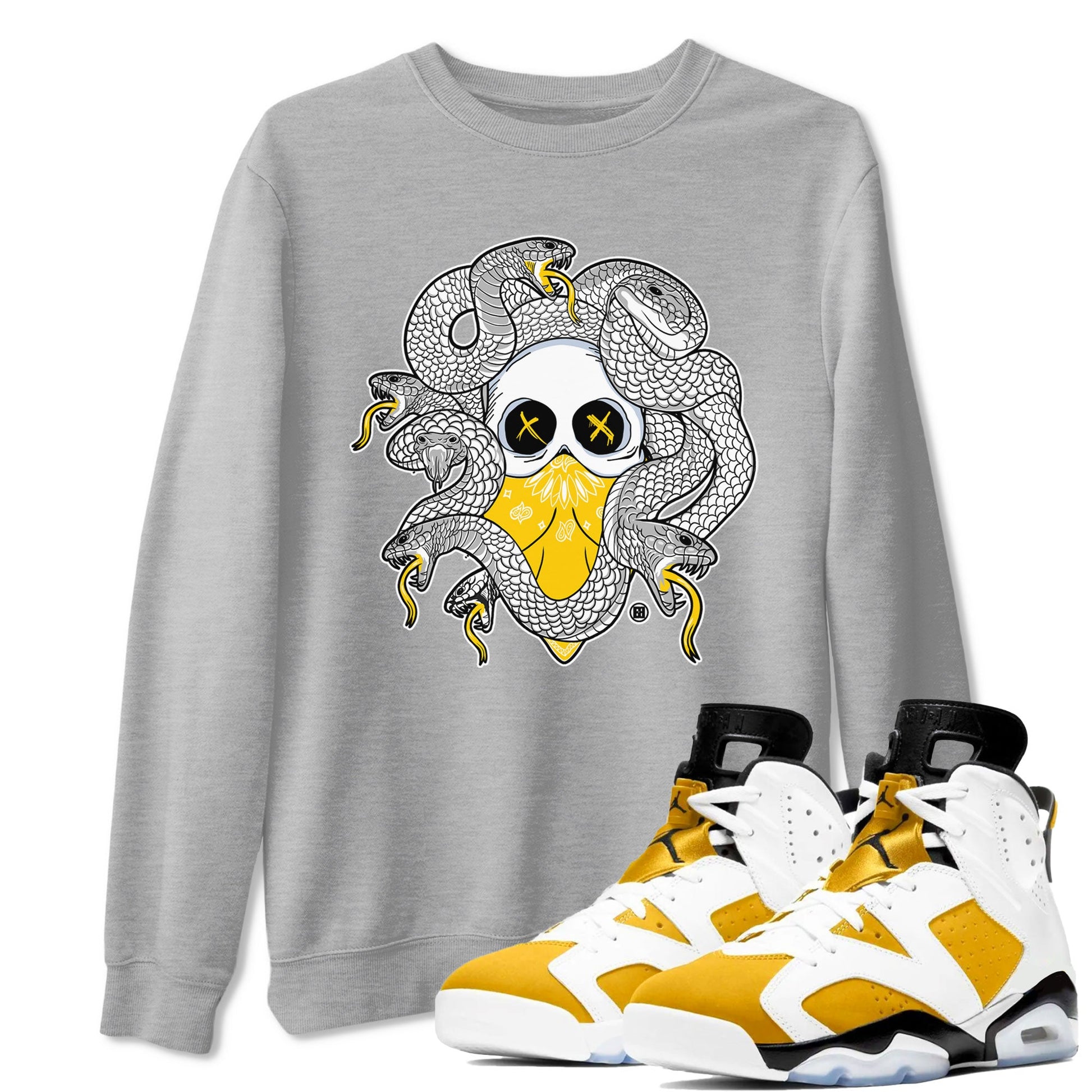 Air Jordan 6 Yellow Ochre shirt to match jordans Skull Medusa sneaker tees 6s Yellow Ochre SNRT Sneaker Tees Casual Crew Neck T-Shirt Unisex Heather Grey 1 T-Shirt