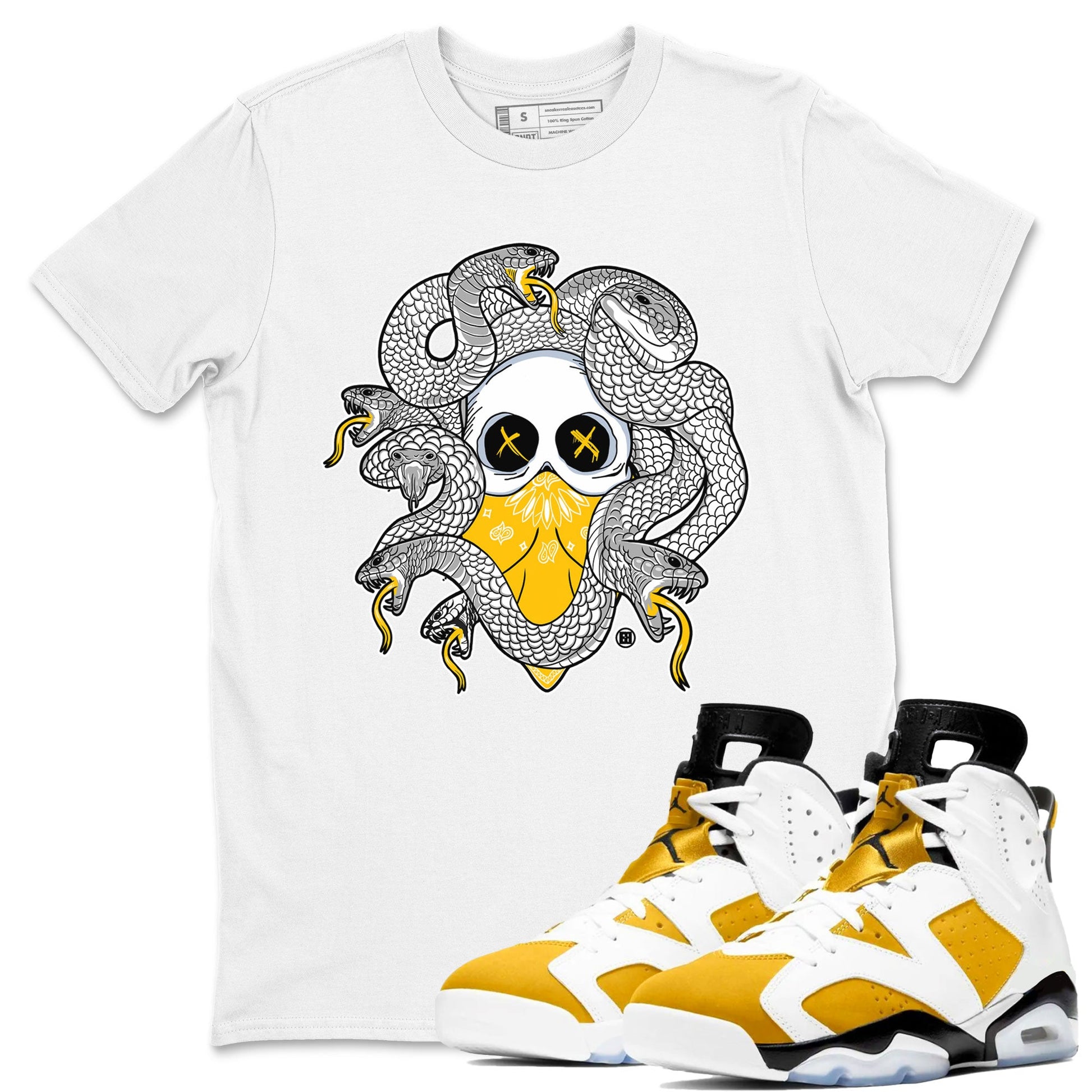 Air Jordan 6 Yellow Ochre shirt to match jordans Skull Medusa sneaker tees 6s Yellow Ochre SNRT Sneaker Tees Casual Crew Neck T-Shirt Unisex White 1 T-Shirt