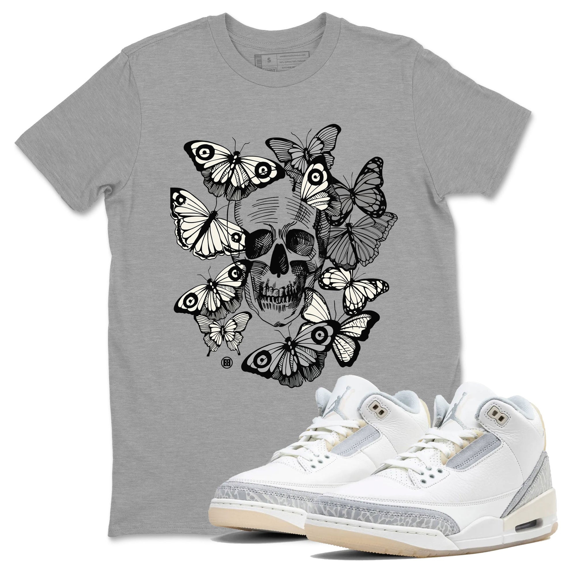 3 Ivory shirt to match jordans Skull With Butterflies sneaker tees Air Jordan 3 Ivory SNRT Sneaker Release Tees Streetwear unisex cotton Heather Grey 1 crew neck shirt