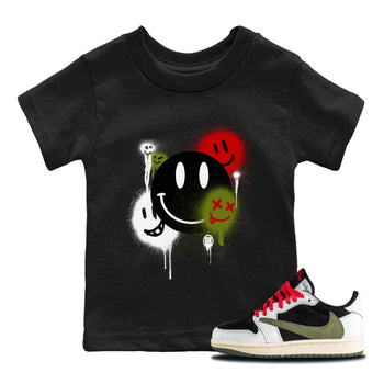 Air Jordan 1 Travis Scott Olive Sneaker Match Tees Smile Painting Sneaker Tees Air Jordan 1 Low x Travis Scott x Olive Sneaker Release Tees Kids Shirts Black 1