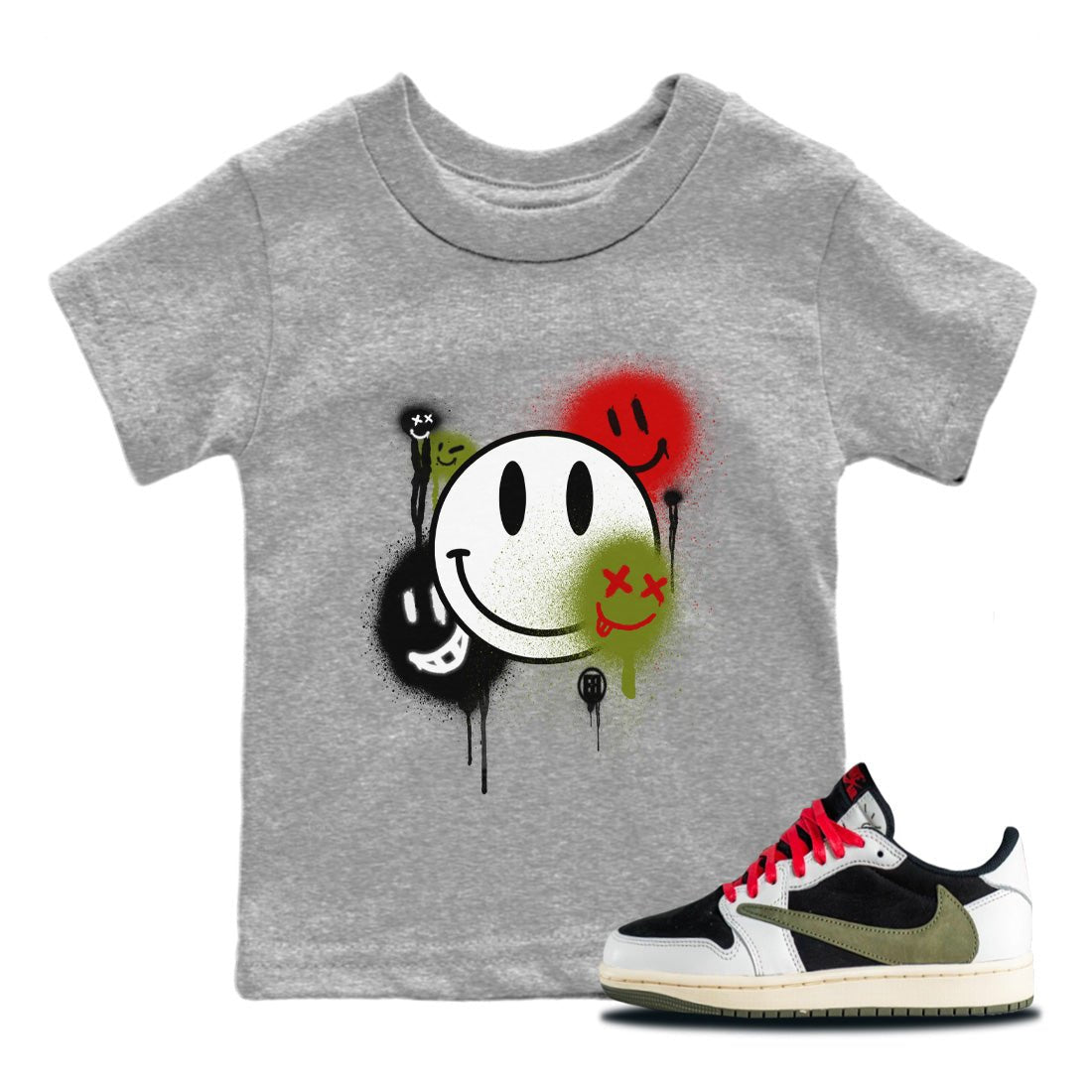 Air Jordan 1 Travis Scott Olive Smile Painting Baby and Kids Sneaker Tees Air Jordan 1 Low x Travis Scott x Olive Kids Sneaker Tees Size Chart