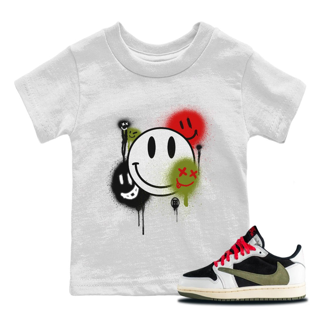 Air Jordan 1 Travis Scott Olive Sneaker Match Tees Smile Painting Sneaker Tees Air Jordan 1 Low x Travis Scott x Olive Sneaker Release Tees Kids Shirts White 1
