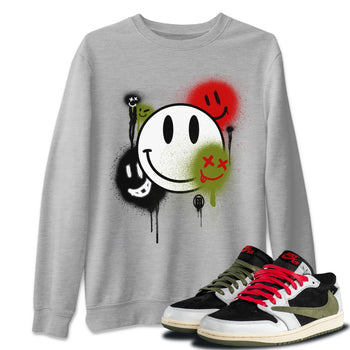 Air Jordan 1 Travis Scott Olive Sneaker Match Tees Smile Painting Sneaker Tees Air Jordan 1 Low x Travis Scott x Olive Sneaker Release Tees Unisex Shirts Heather Grey 1