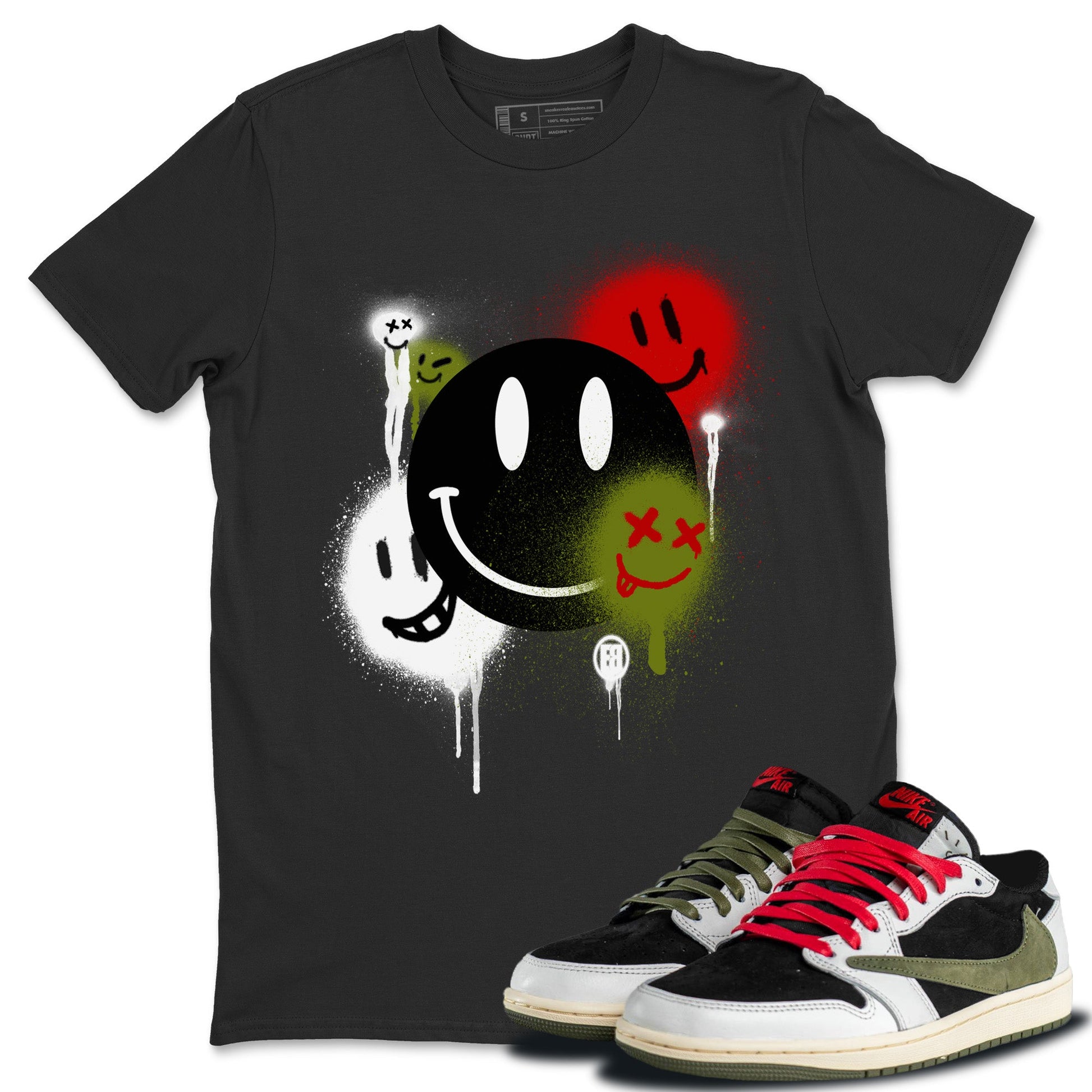 Air Jordan 1 Travis Scott Olive Sneaker Match Tees Smile Painting Sneaker Tees Air Jordan 1 Low x Travis Scott x Olive Sneaker Release Tees Unisex Shirts Black 1