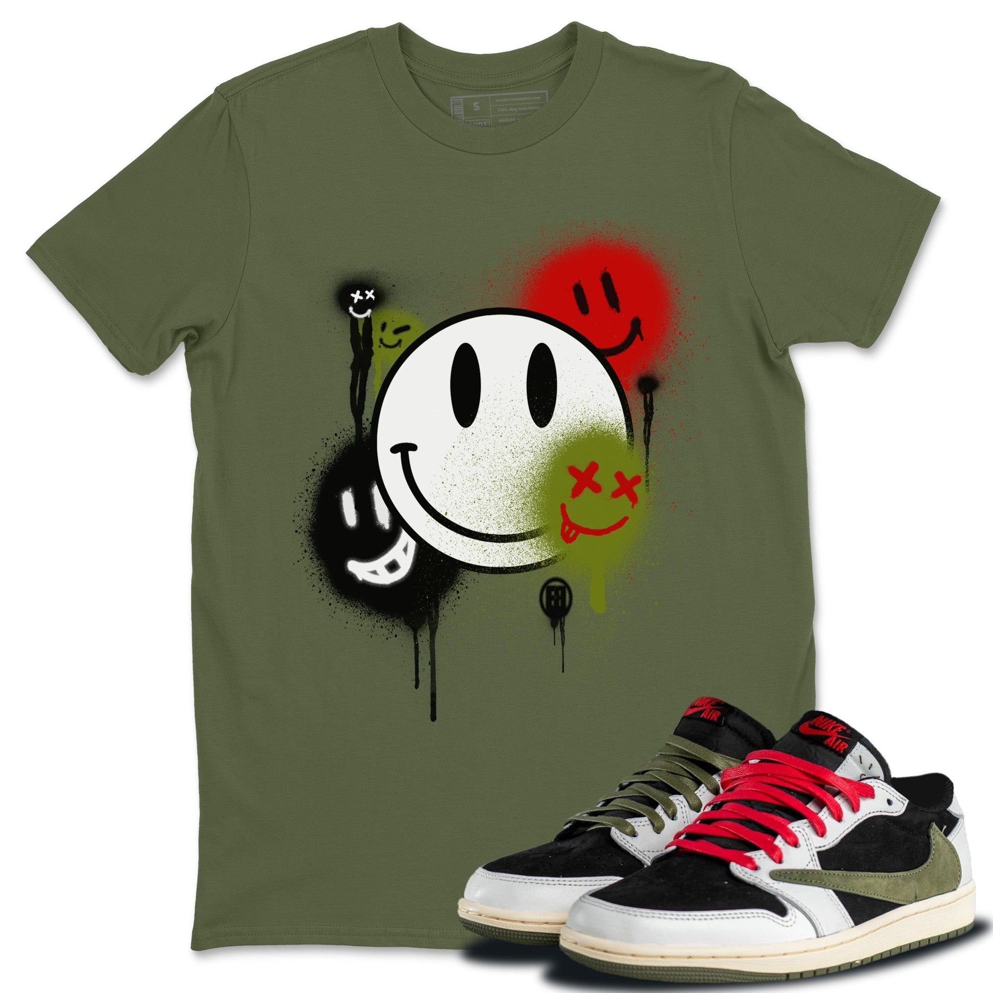 Air Jordan 1 Travis Scott Olive Smile Painting Crew Neck Sneaker Tees Air Jordan 1 Low x Travis Scott x Olive Sneaker T-Shirts Size Chart