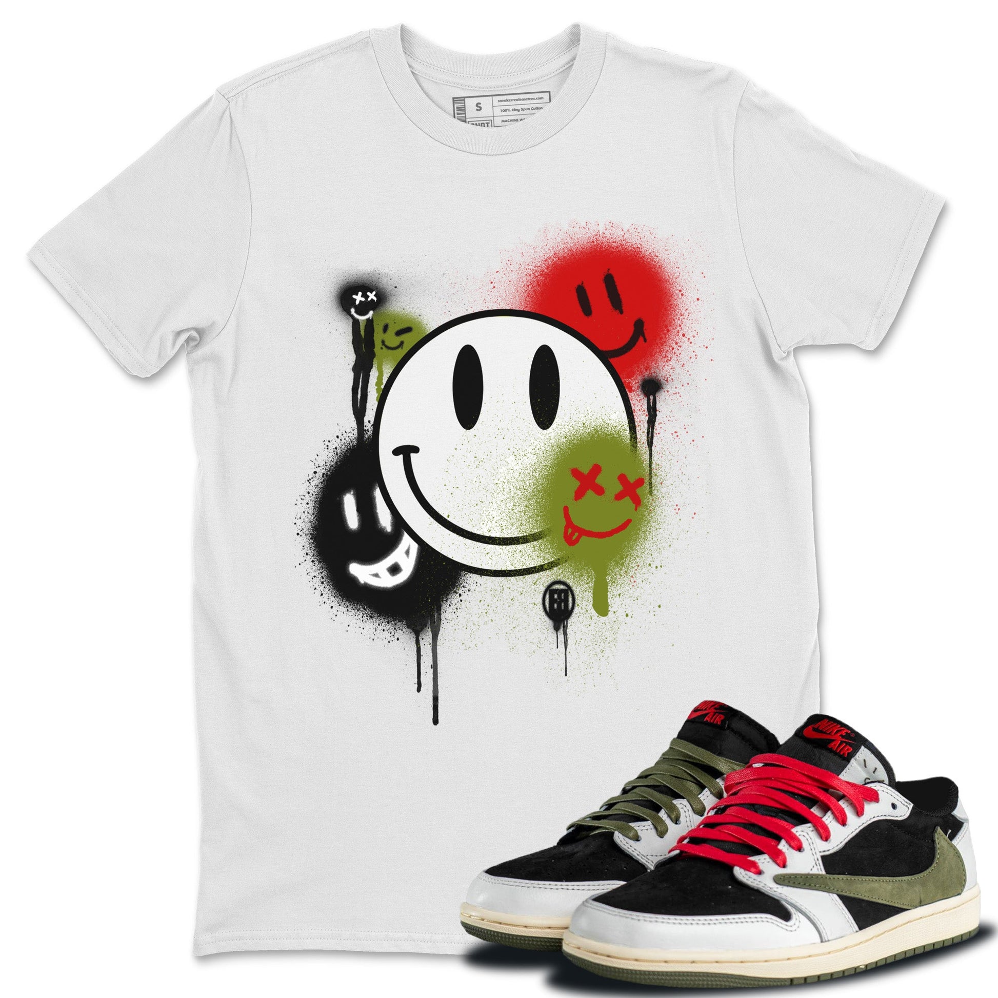Air Jordan 1 Travis Scott Olive Sneaker Match Tees Smile Painting Sneaker Tees Air Jordan 1 Low x Travis Scott x Olive Sneaker Release Tees Unisex Shirts White 1