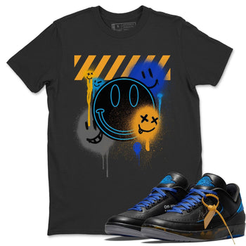 Jordan 2 OFF-WHITE Black Blue Sneaker Match Tees Smile Painting Sneaker Tees Jordan 2 OFF-WHITE Black Blue Sneaker Release Tees Unisex Shirts