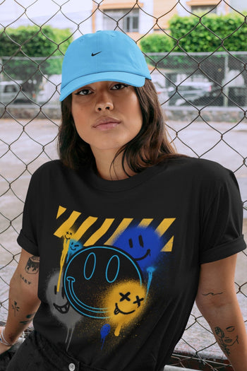 Jordan 2 OFF-WHITE Black Blue Sneaker Match Tees Smile Painting Sneaker Tees Jordan 2 OFF-WHITE Black Blue Sneaker Release Tees Unisex Shirts