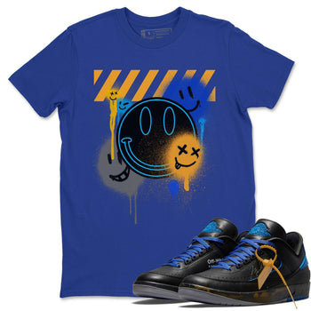 Jordan 2 OFF-WHITE Black Blue Sneaker Match Tees Smile Painting Sneaker Tees Jordan 2 OFF-WHITE Black Blue Sneaker Release Tees Unisex Shirts