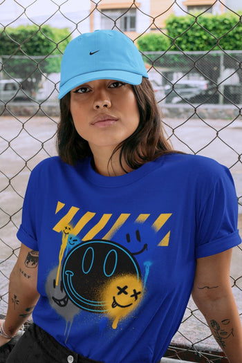 Jordan 2 OFF-WHITE Black Blue Sneaker Match Tees Smile Painting Sneaker Tees Jordan 2 OFF-WHITE Black Blue Sneaker Release Tees Unisex Shirts