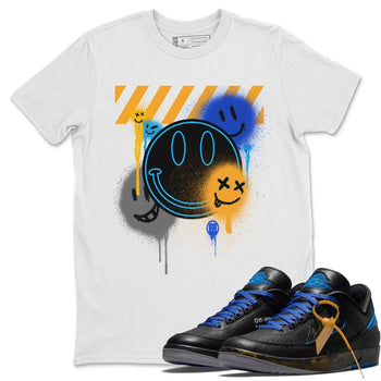 Jordan 2 OFF-WHITE Black Blue Sneaker Match Tees Smile Painting Sneaker Tees Jordan 2 OFF-WHITE Black Blue Sneaker Release Tees Unisex Shirts