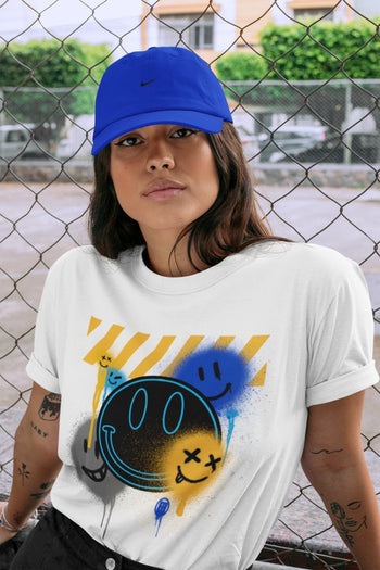 Jordan 2 OFF-WHITE Black Blue Sneaker Match Tees Smile Painting Sneaker Tees Jordan 2 OFF-WHITE Black Blue Sneaker Release Tees Unisex Shirts