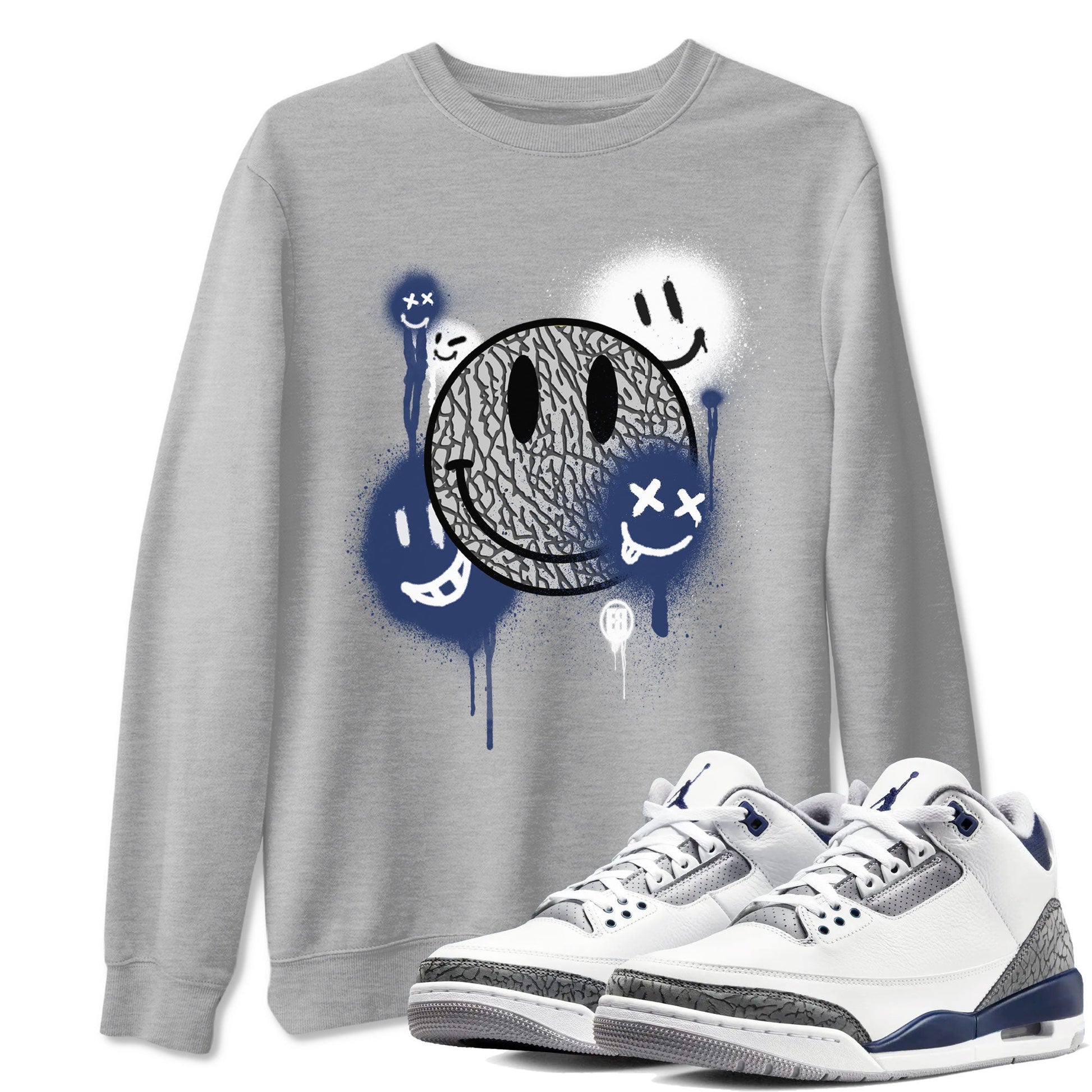 3s Midnight Navy shirt to match jordans Smile Painting sneaker match tee Air Jordan 3 Midnight Navy SNRT Sneaker Tees unisex cotton Heather Grey 1 crew neck shirt