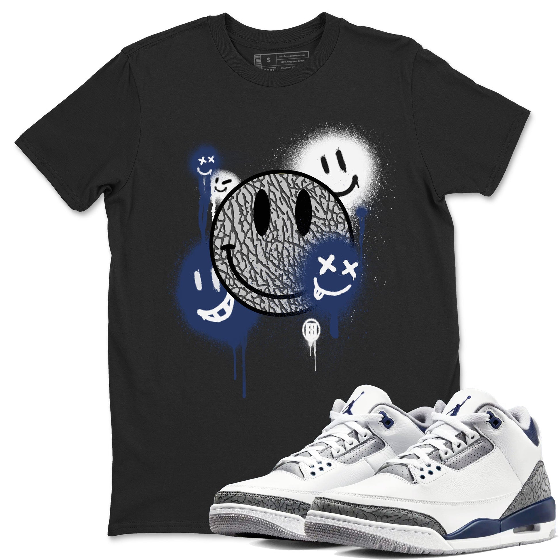 3s Midnight Navy shirt to match jordans Smile Painting sneaker match tee Air Jordan 3 Midnight Navy SNRT Sneaker Tees unisex cotton Black 1 crew neck shirt