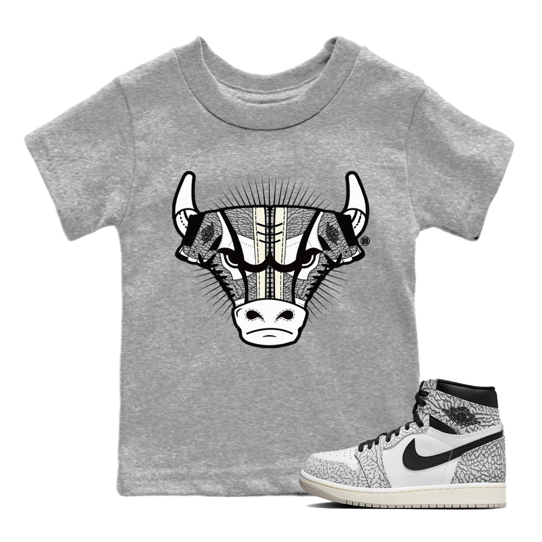 Jordan 1 White Cement Sneaker Match Tees Sneaker Bull Head Sneaker Tees Jordan 1 White Cement Sneaker Release Tees Kids Shirts