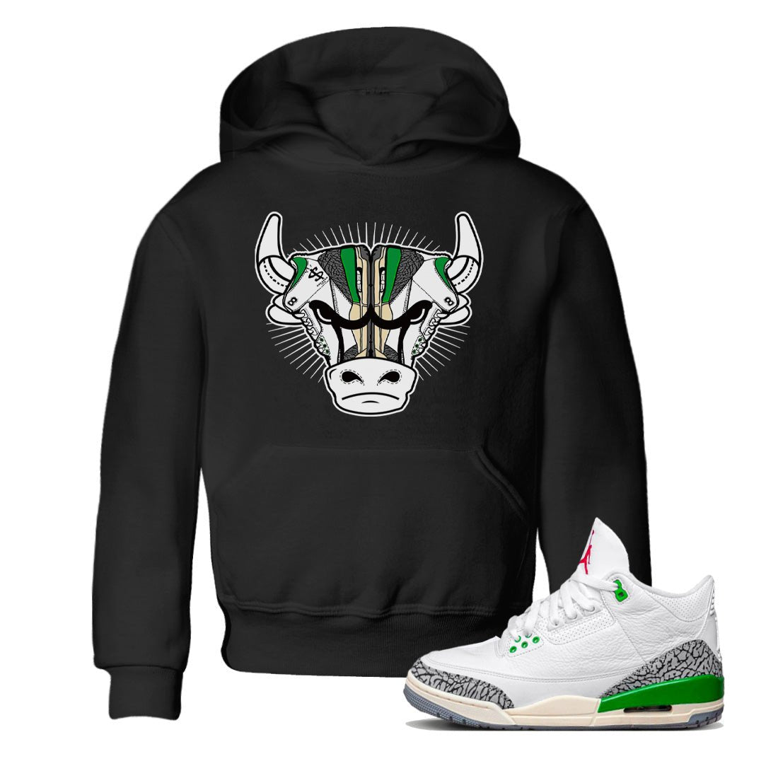 Air Jordan 3 Lucky Green Sneaker Match Tees Sneaker Bull Head Sneaker Tees Jordan 3 Retro Lucky Green Sneaker Release Tees Kids Shirts Black 1
