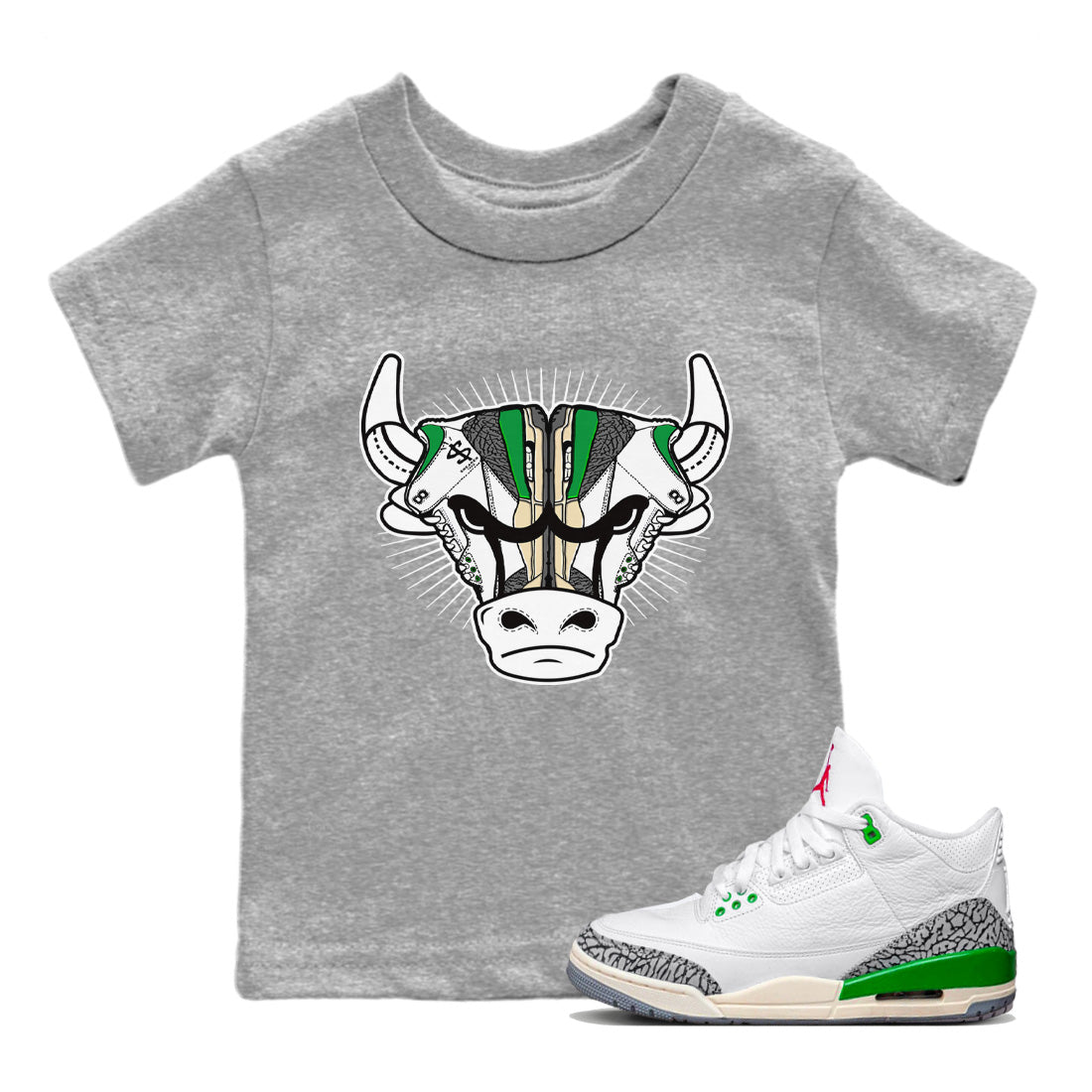 Air Jordan 3 Lucky Green Sneaker Match Tees Sneaker Bull Head Sneaker Tees Jordan 3 Retro Lucky Green Sneaker Release Tees Kids Shirts Heather Grey 1