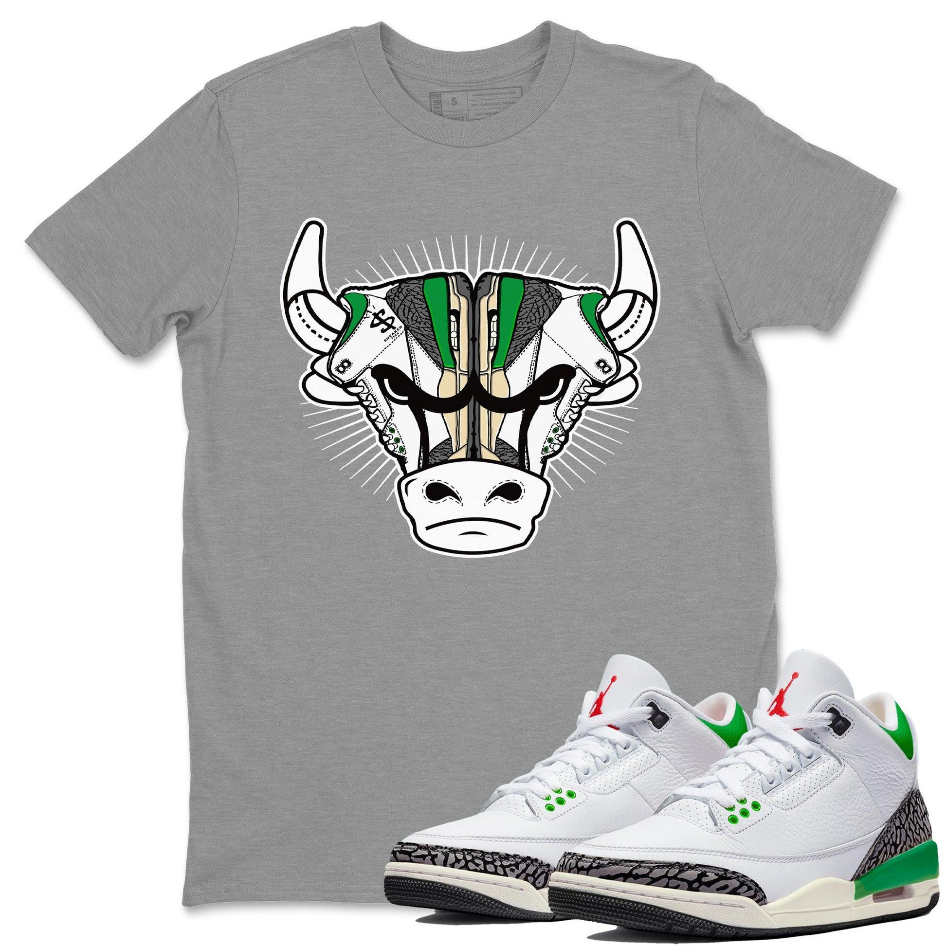 Air Jordan 3 Lucky Green Sneaker Bull Head Crew Neck Sneaker Tees Jordan 3 Retro Lucky Green Sneaker T-Shirts Size Chart