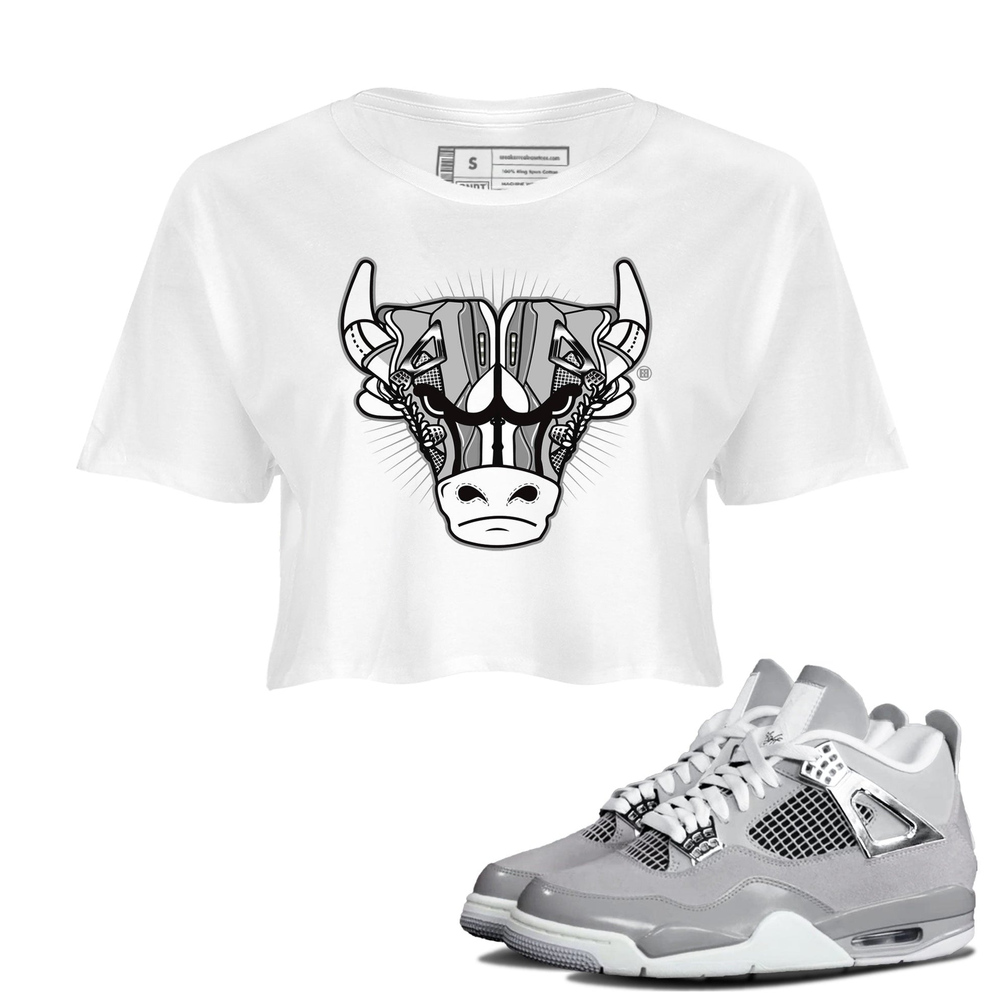Air Jordan 4 Retro Frozen Moments shirt to match jordans Sneaker Bull Head sneaker tees Air Jordan 4 Light Iron Ore SNRT Sneaker Release Tees White 1 Crop T-Shirt