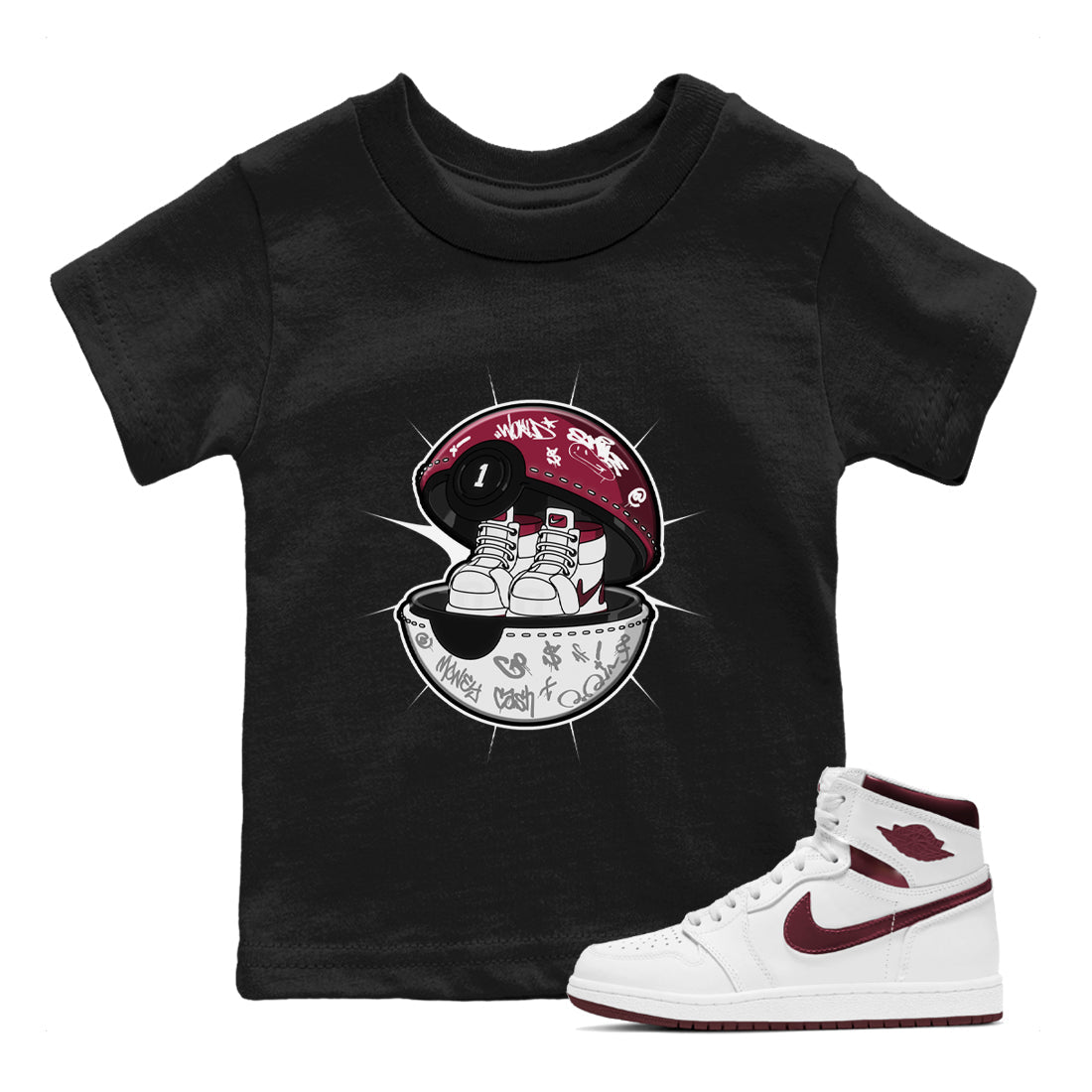 1s Metallic Burgundy shirt to match jordans Sneaker Capsule sneaker tees AJ1 Metallic Burgundy SNRT Sneaker Release Tees Baby Toddler Black 1 T-Shirt