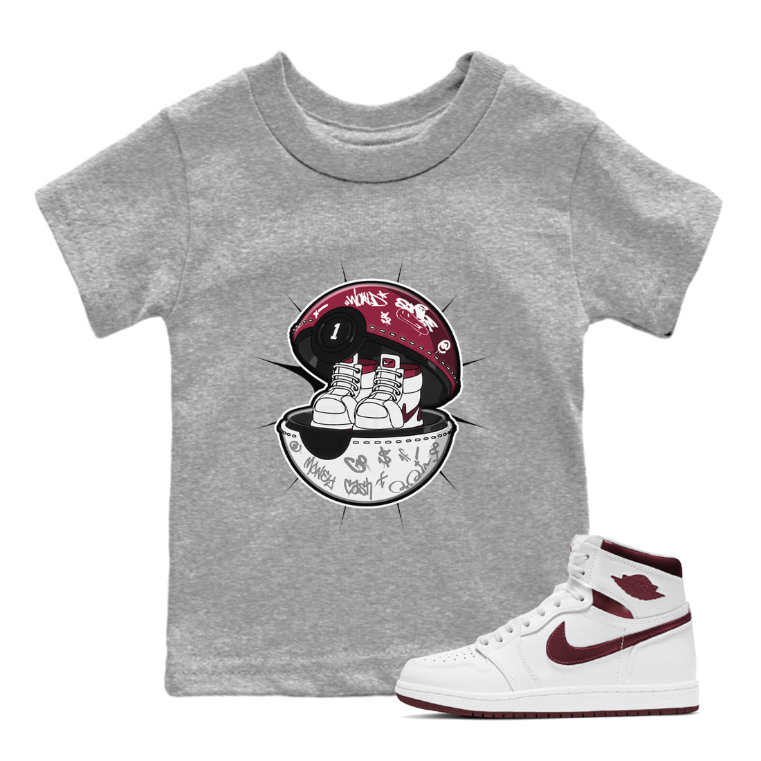 1s Metallic Burgundy shirt to match jordans Sneaker Capsule sneaker tees AJ1 Metallic Burgundy SNRT Sneaker Release Tees Baby Toddler Heather Grey 1 T-Shirt