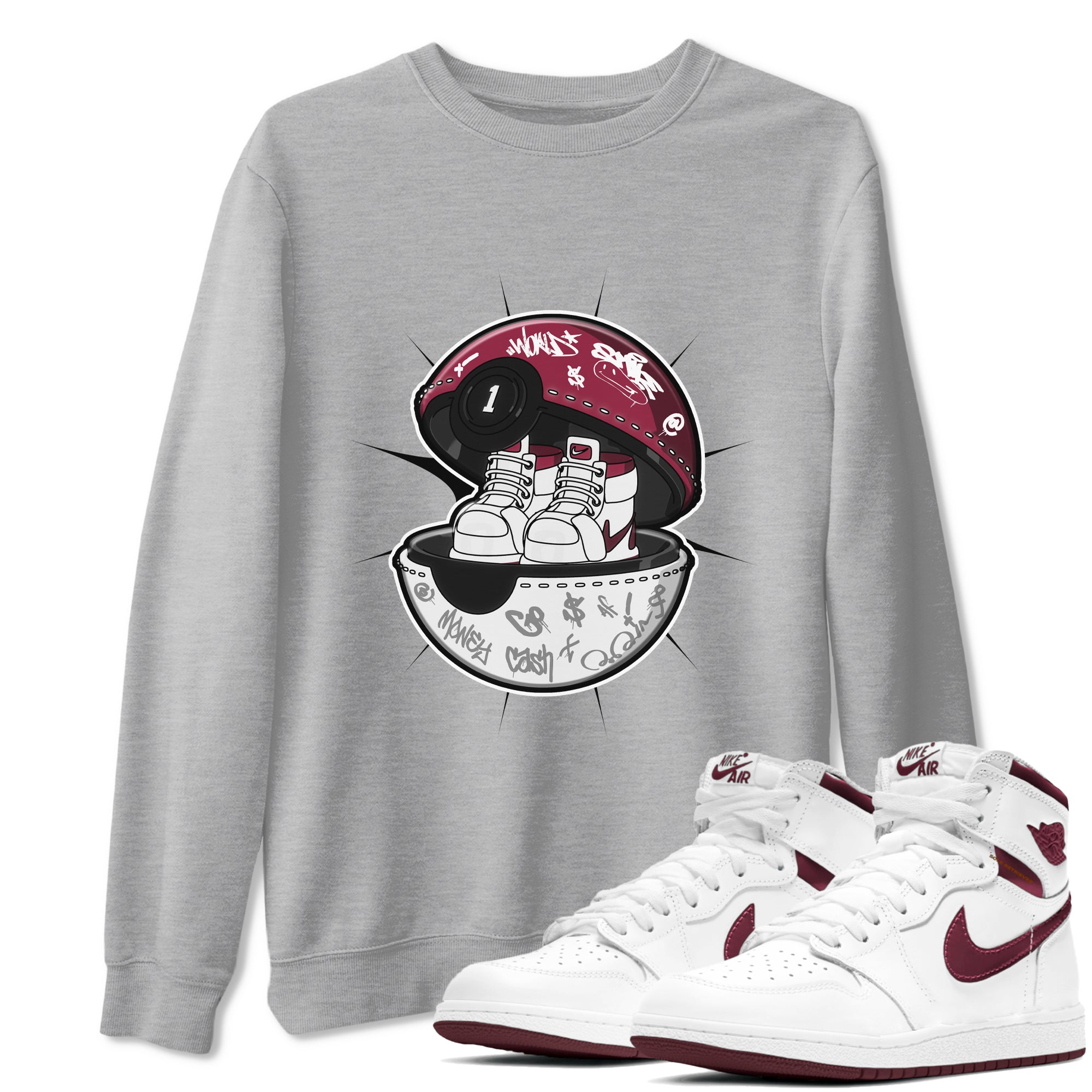 1s Metallic Burgundy shirt to match jordans Sneaker Capsule sneaker tees AJ1 Metallic Burgundy SNRT Sneaker Release Tees Unisex Heather Grey 1 T-Shirt