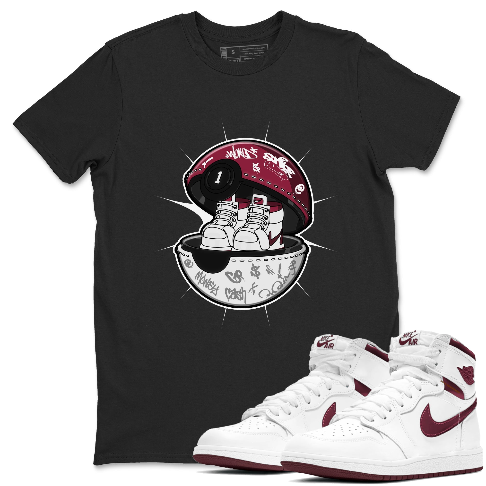 1s Metallic Burgundy shirt to match jordans Sneaker Capsule sneaker tees AJ1 Metallic Burgundy SNRT Sneaker Release Tees Unisex Black 1 T-Shirt