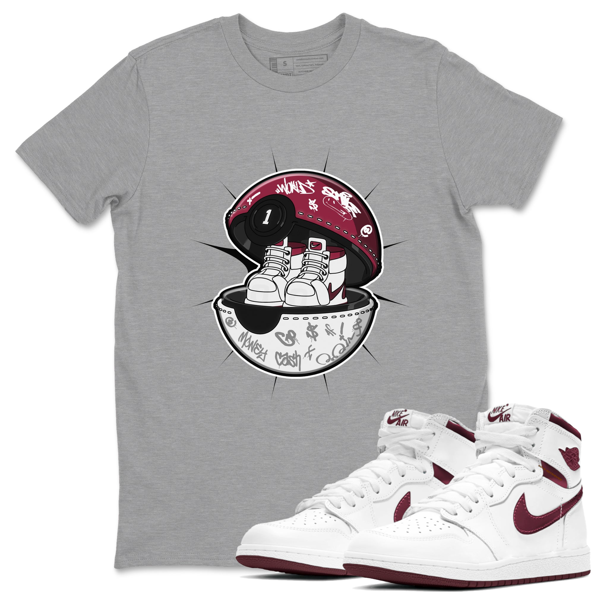 1s Metallic Burgundy shirt to match jordans Sneaker Capsule sneaker tees AJ1 Metallic Burgundy SNRT Sneaker Release Tees Unisex Heather Grey 1 T-Shirt