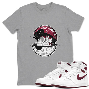 1s Metallic Burgundy shirt to match jordans Sneaker Capsule sneaker tees AJ1 Metallic Burgundy SNRT Sneaker Release Tees Unisex Heather Grey 1 T-Shirt