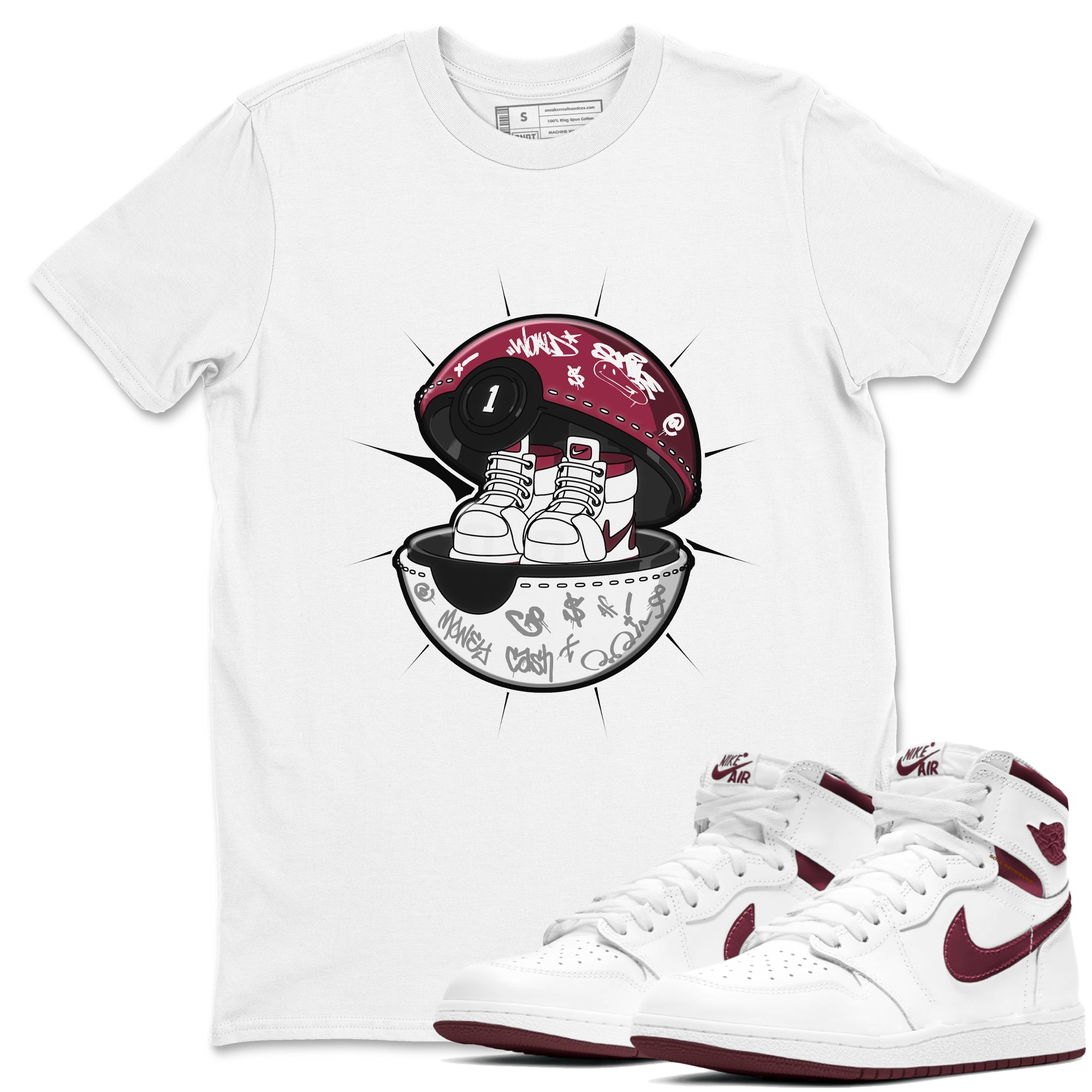 1s Metallic Burgundy shirt to match jordans Sneaker Capsule sneaker tees AJ1 Metallic Burgundy SNRT Sneaker Release Tees Unisex White 1 T-Shirt