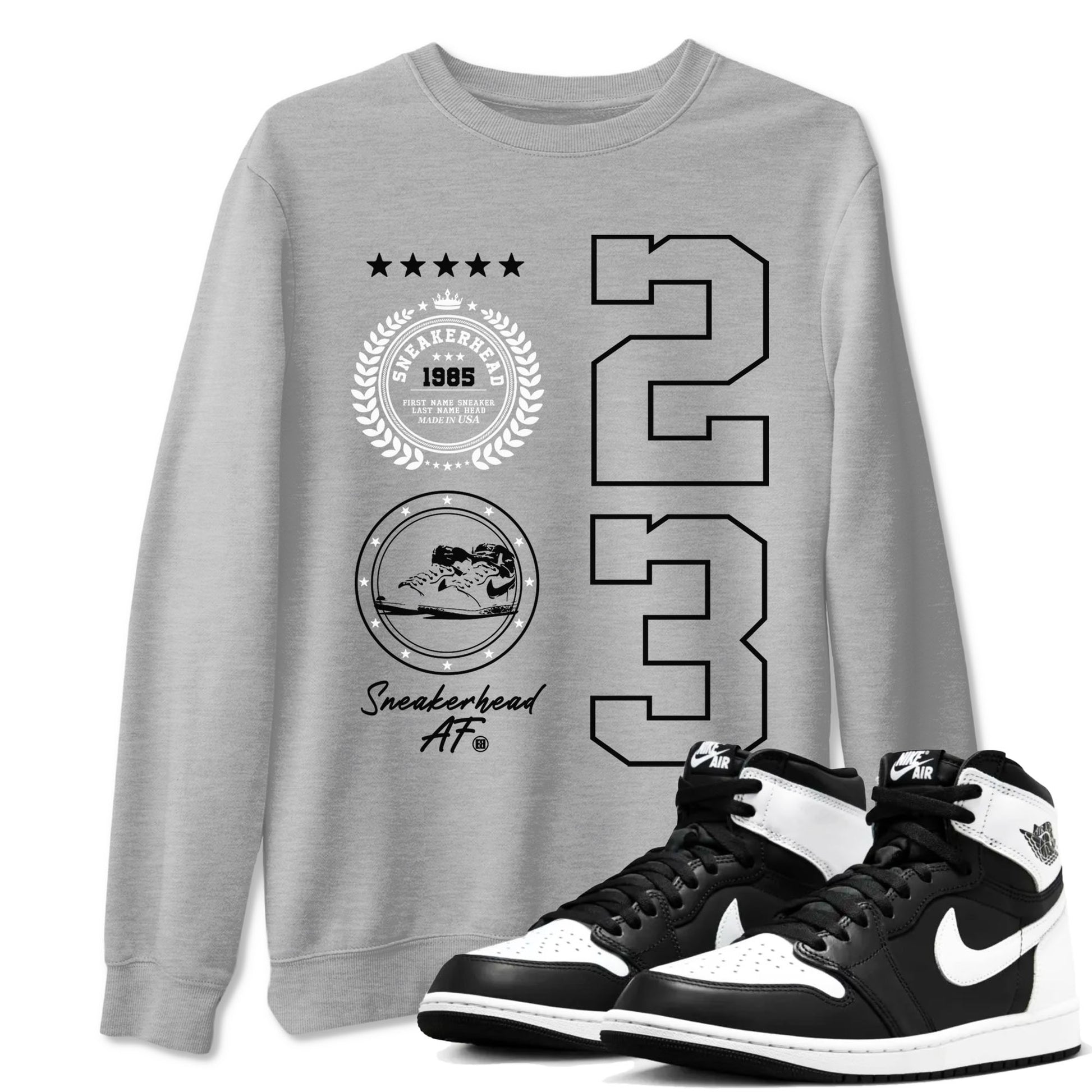 Air Jordan 1 High OG Black White shirt to match jordans Sneaker Emblem sneaker tees 1s Black White SNRT Sneaker Release Tees unisex cotton Heather Grey 1 crew neck shirt