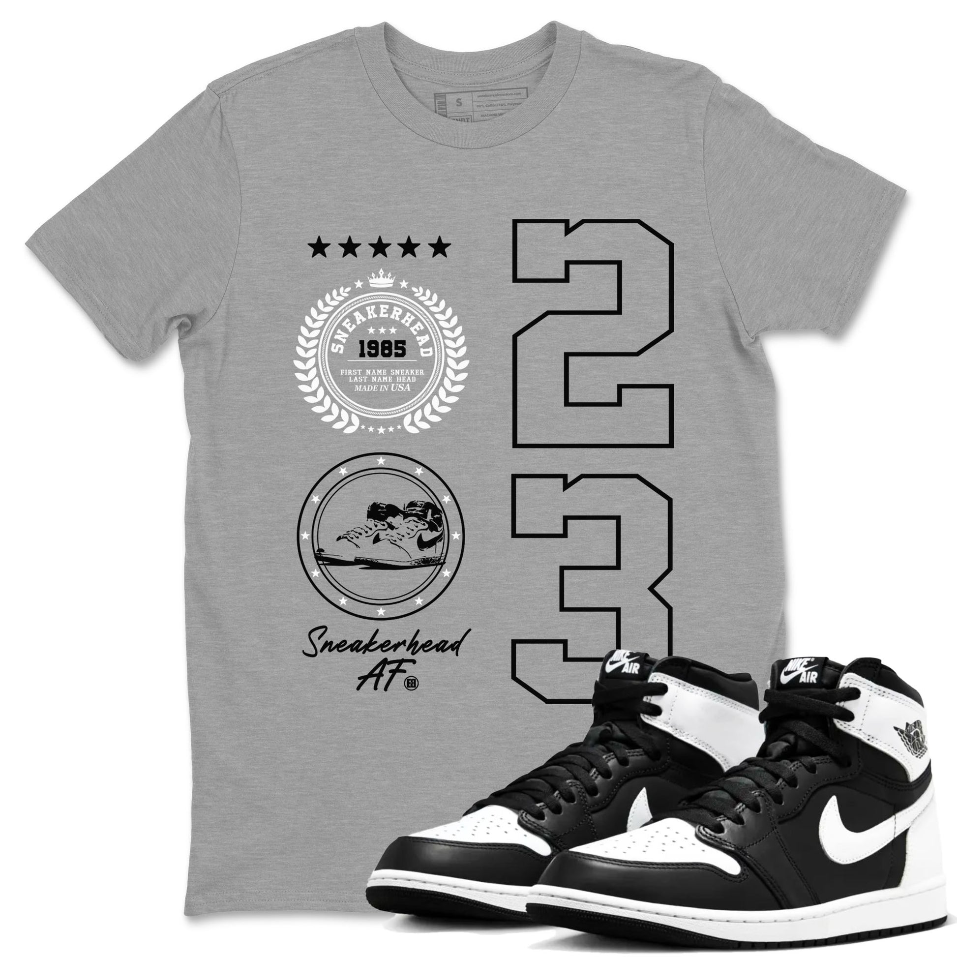 Air Jordan 1 High OG Black White shirt to match jordans Sneaker Emblem sneaker tees 1s Black White SNRT Sneaker Release Tees unisex cotton Heather Grey 1 crew neck shirt