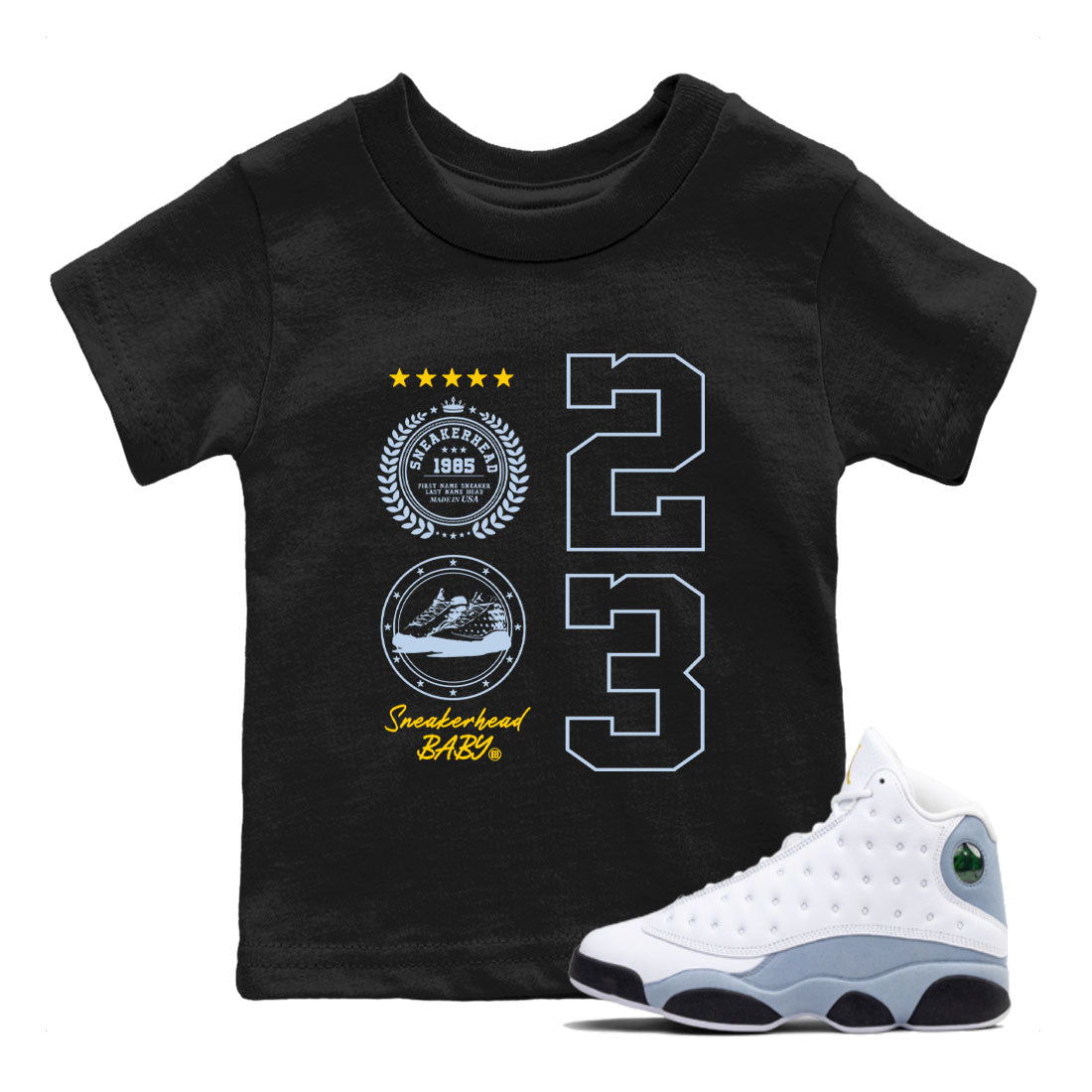 Sneaker Emblem sneaker match tees to Blue Grey 13s street fashion brand for shirts to match Jordans SNRT Sneaker Tees Air Jordan 13 Blue Grey unisex t-shirt Black 1 youth shirt