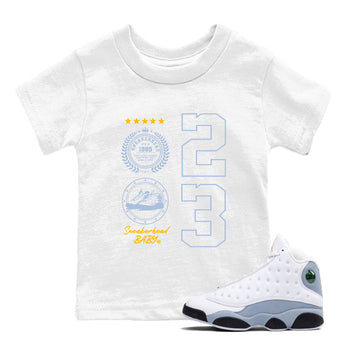Sneaker Emblem sneaker match tees to Blue Grey 13s street fashion brand for shirts to match Jordans SNRT Sneaker Tees Air Jordan 13 Blue Grey unisex t-shirt White 1 youth shirt