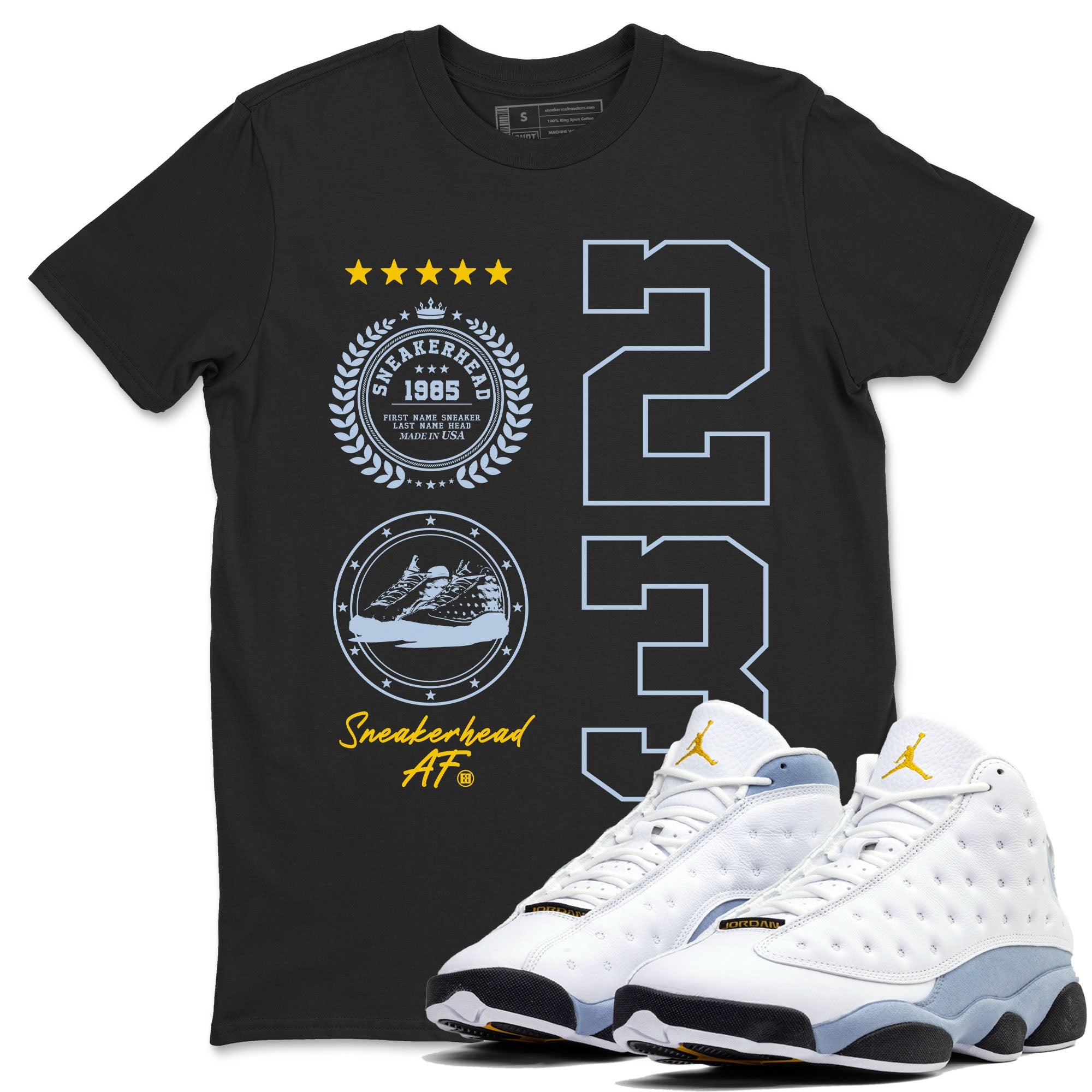 Sneaker Emblem sneaker match tees to Blue Grey 13s street fashion brand for shirts to match Jordans SNRT Sneaker Tees Air Jordan 13 Blue Grey unisex t-shirt Black 1 unisex shirt