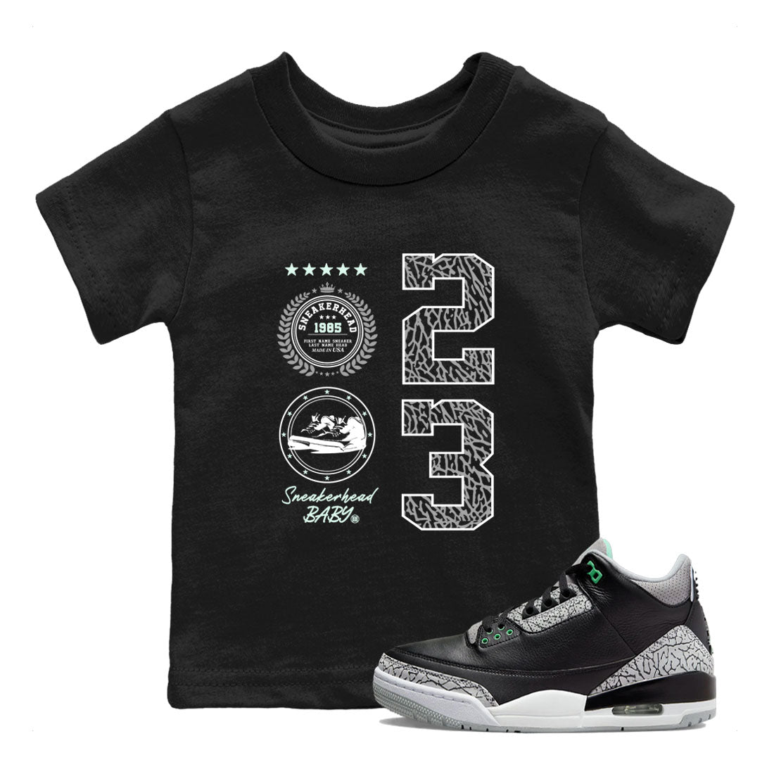3s Green Glow shirt to match jordans Sneaker Emblem sneaker tees Air Jordan 3 Green Glow SNRT sneaker release tees baby toddler Black 1 cotton Shirt